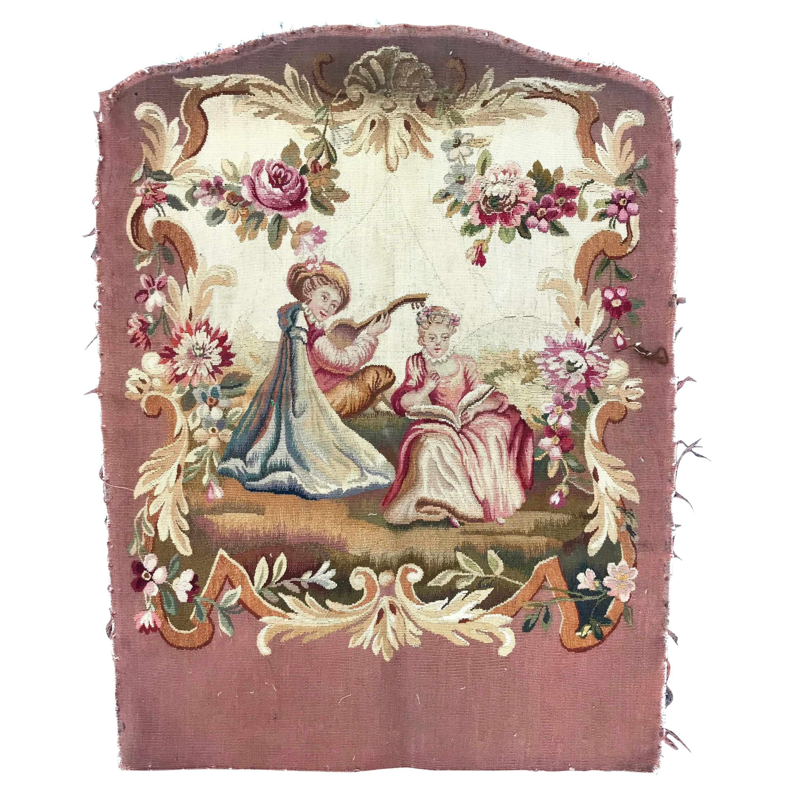 Antique Aubusson Cushion Chair Cover Tapestry For Sale