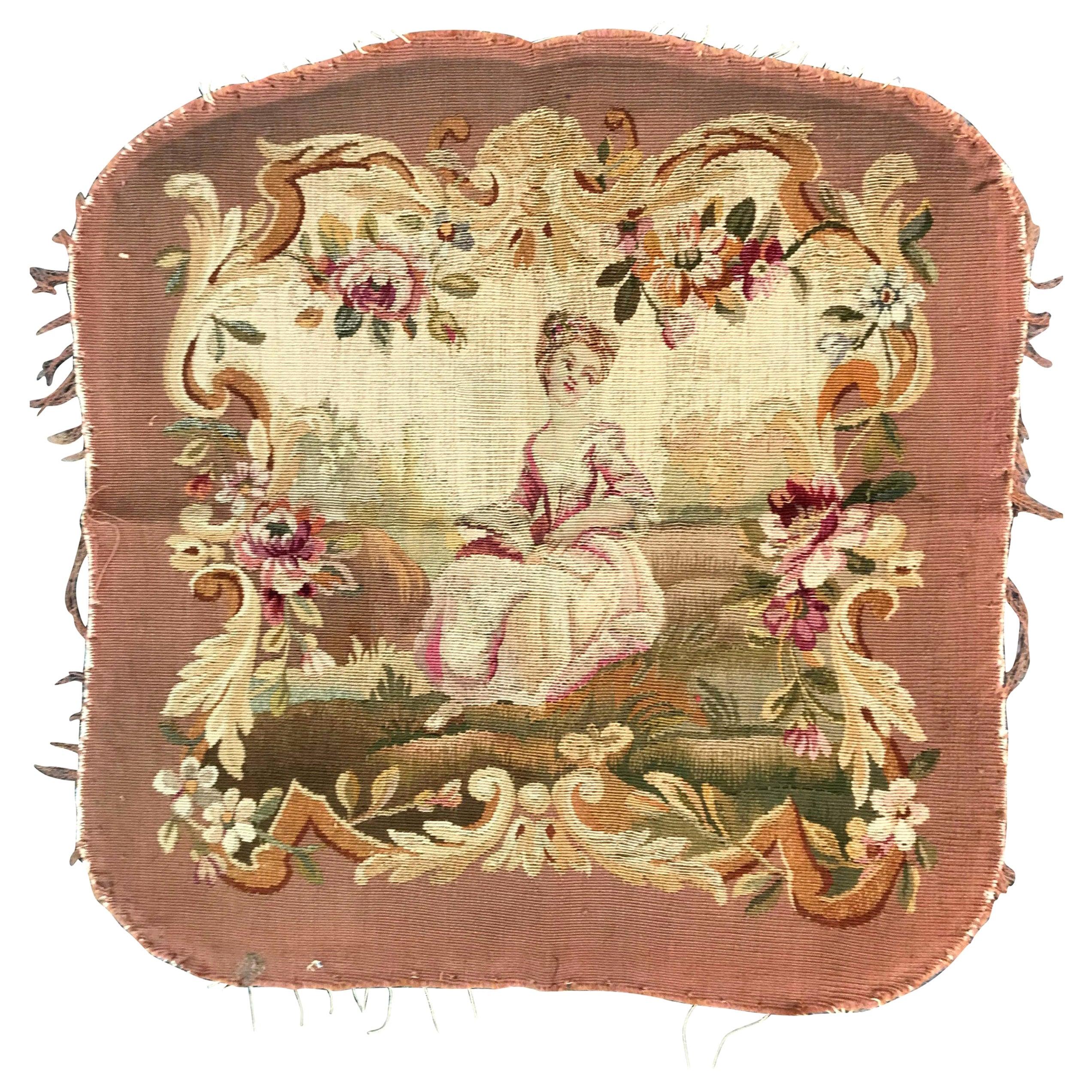 Bobyrug’s Antique Aubusson Cushion Chair Cover Tapestry For Sale