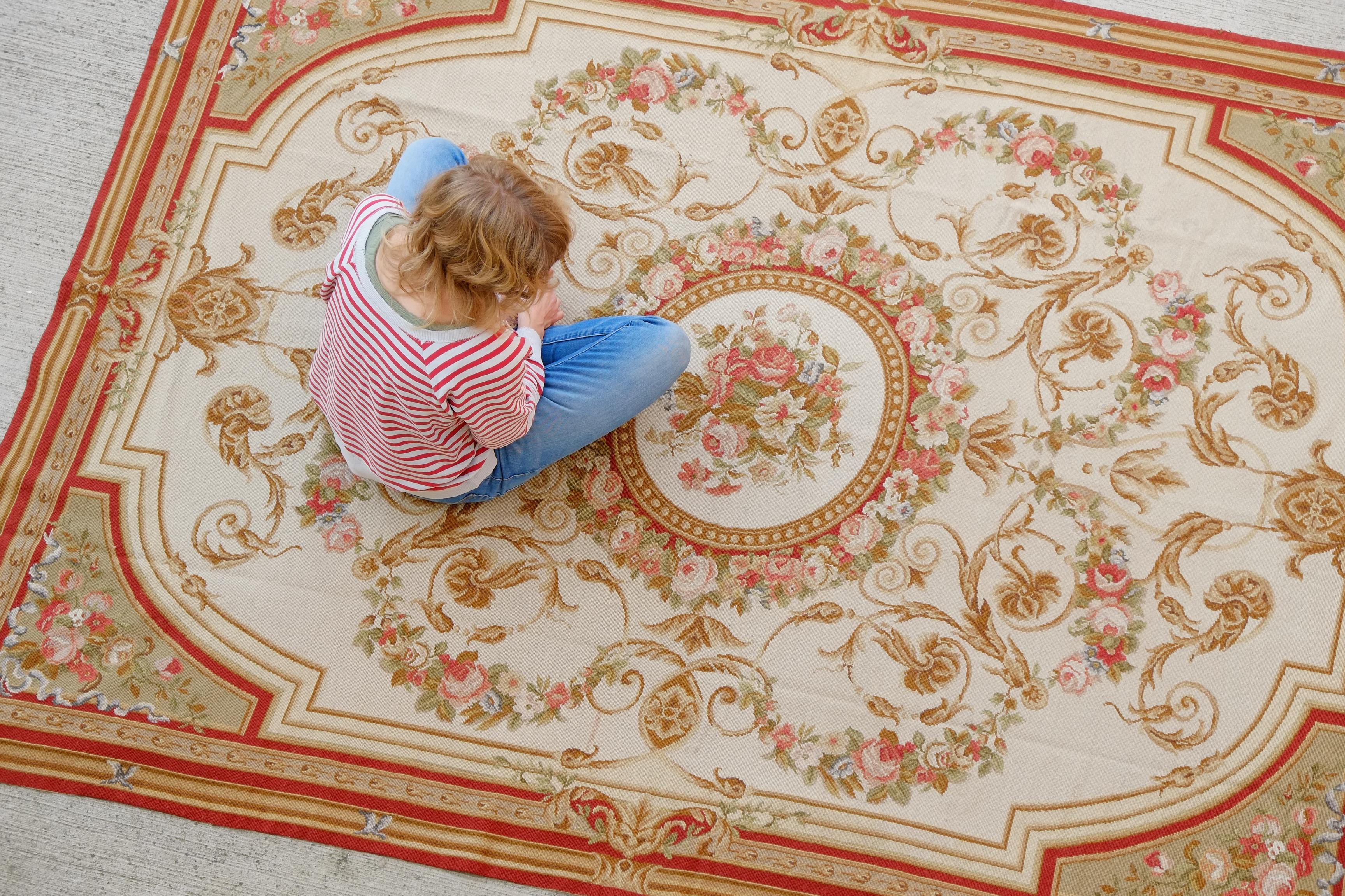 Wool Extra Large French Aubusson Rug / Antique Tapestry Wall Hanging Carpet For Sale