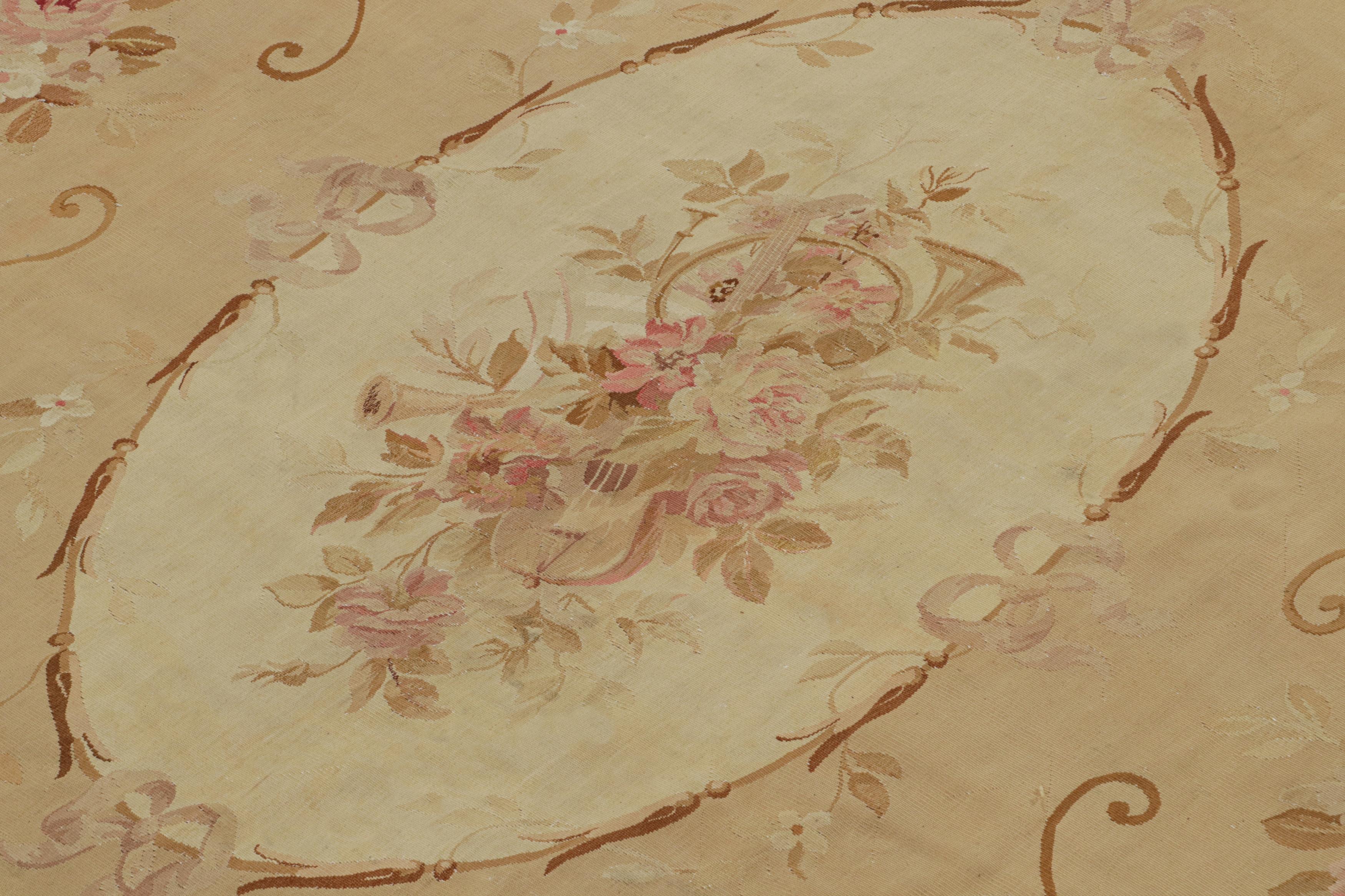 Hand-Knotted Antique Aubusson Flatweave Floral Rug in Beige and Pink For Sale