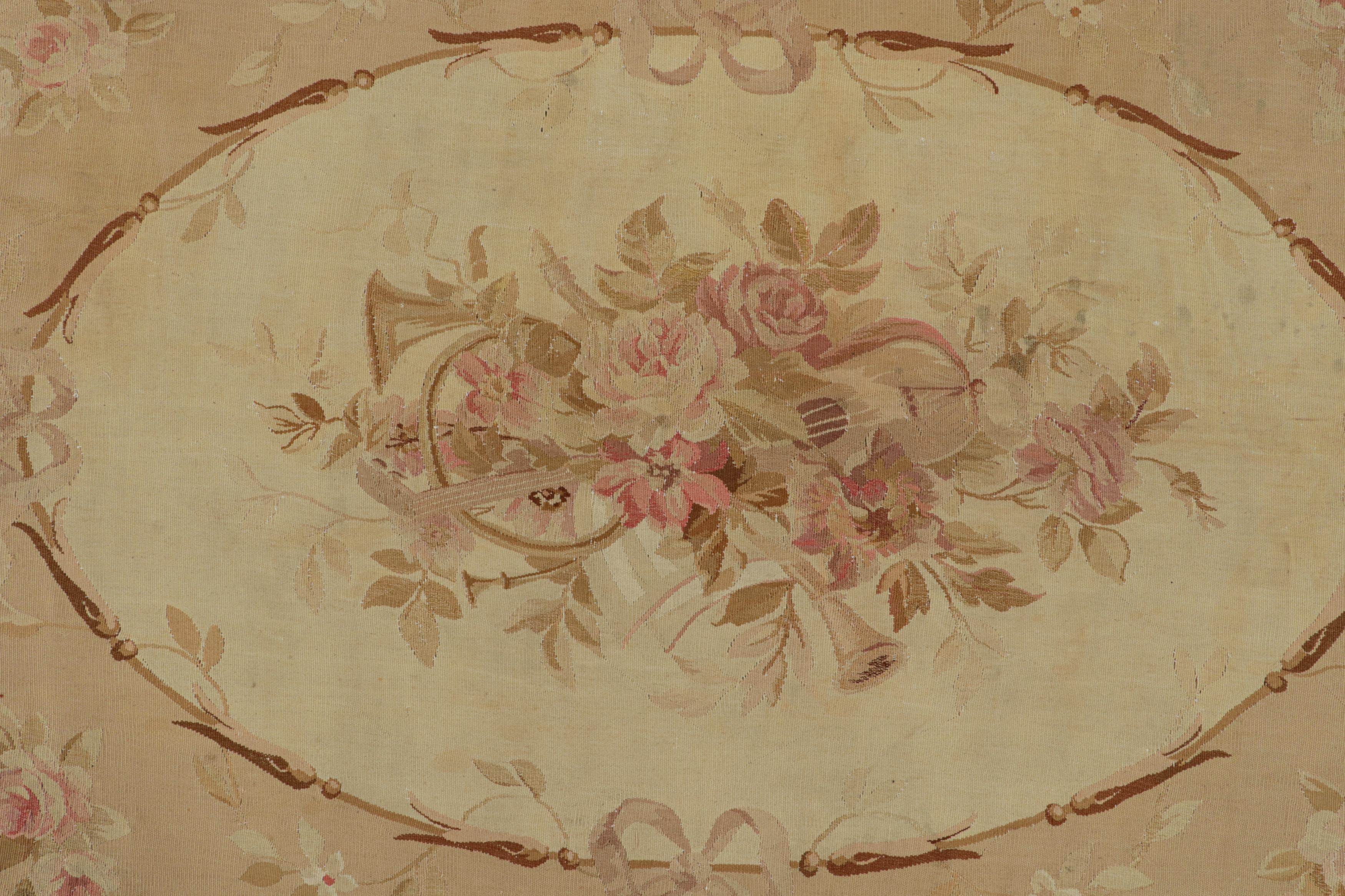 Late 19th Century Antique Aubusson Flatweave Floral Rug in Beige and Pink For Sale