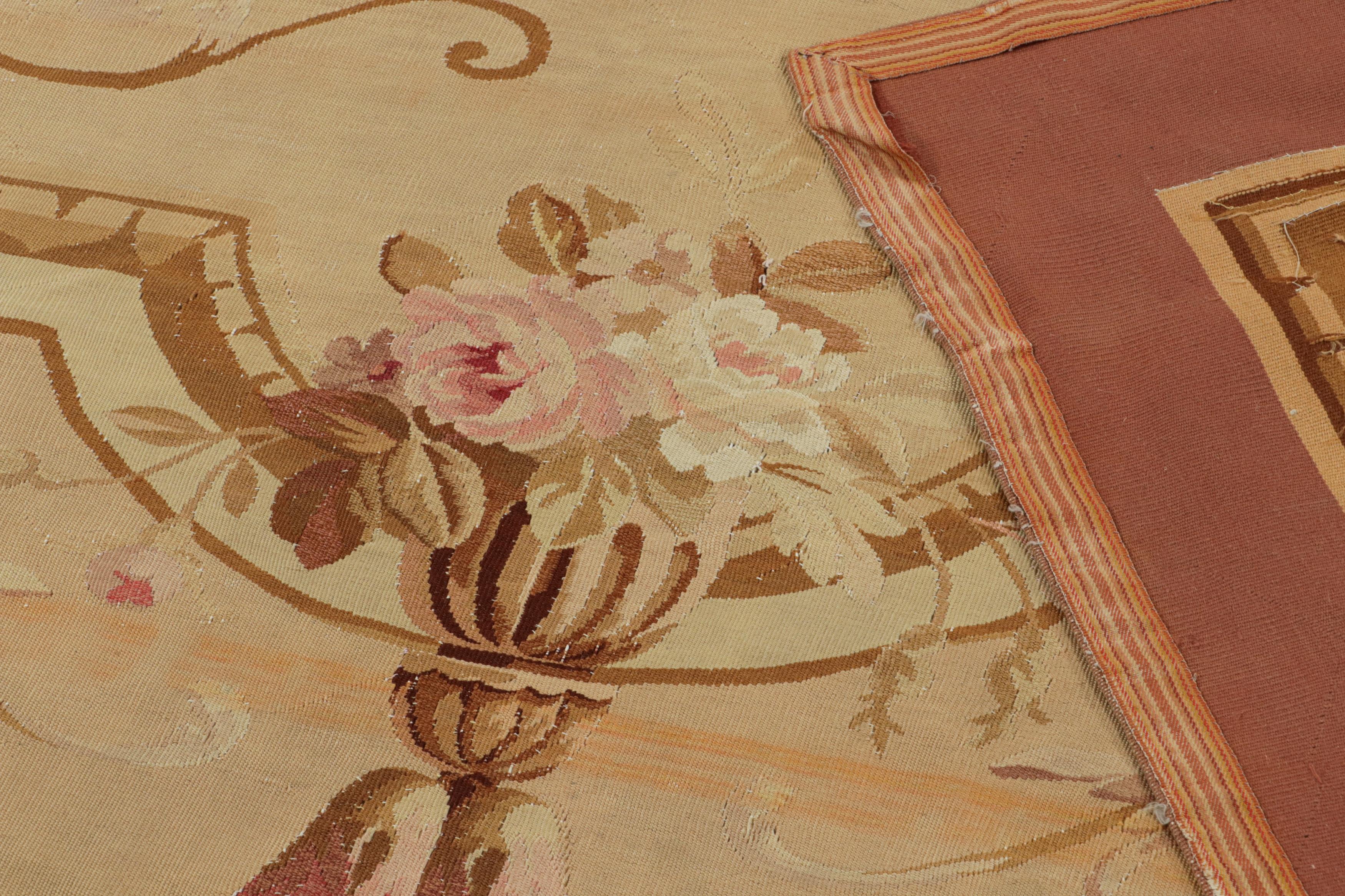 Silk Antique Aubusson Flatweave Floral Rug in Beige and Pink For Sale