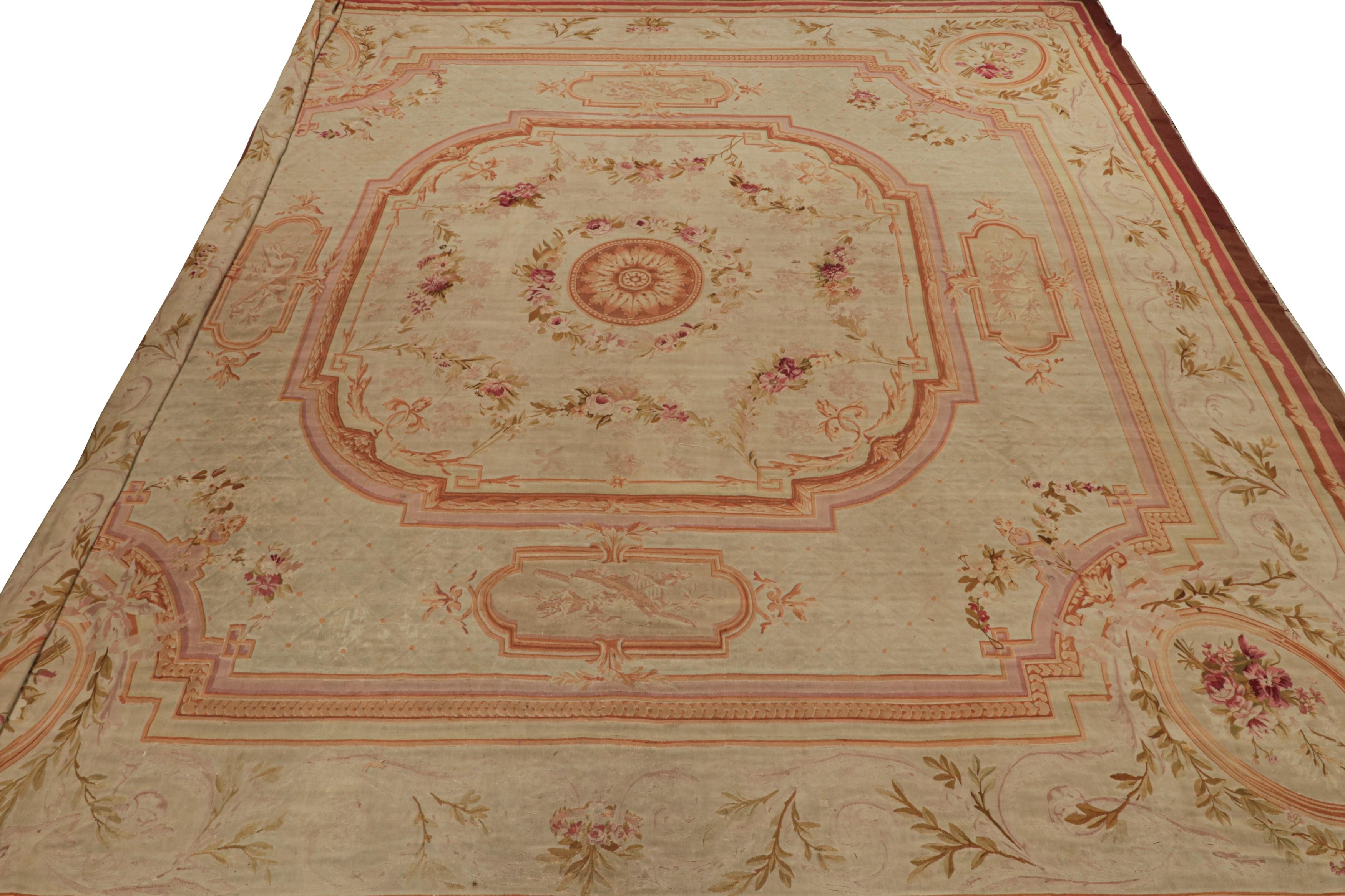 French Antique Aubusson Flatweave Floral Square Rug in Cream and Pink For Sale