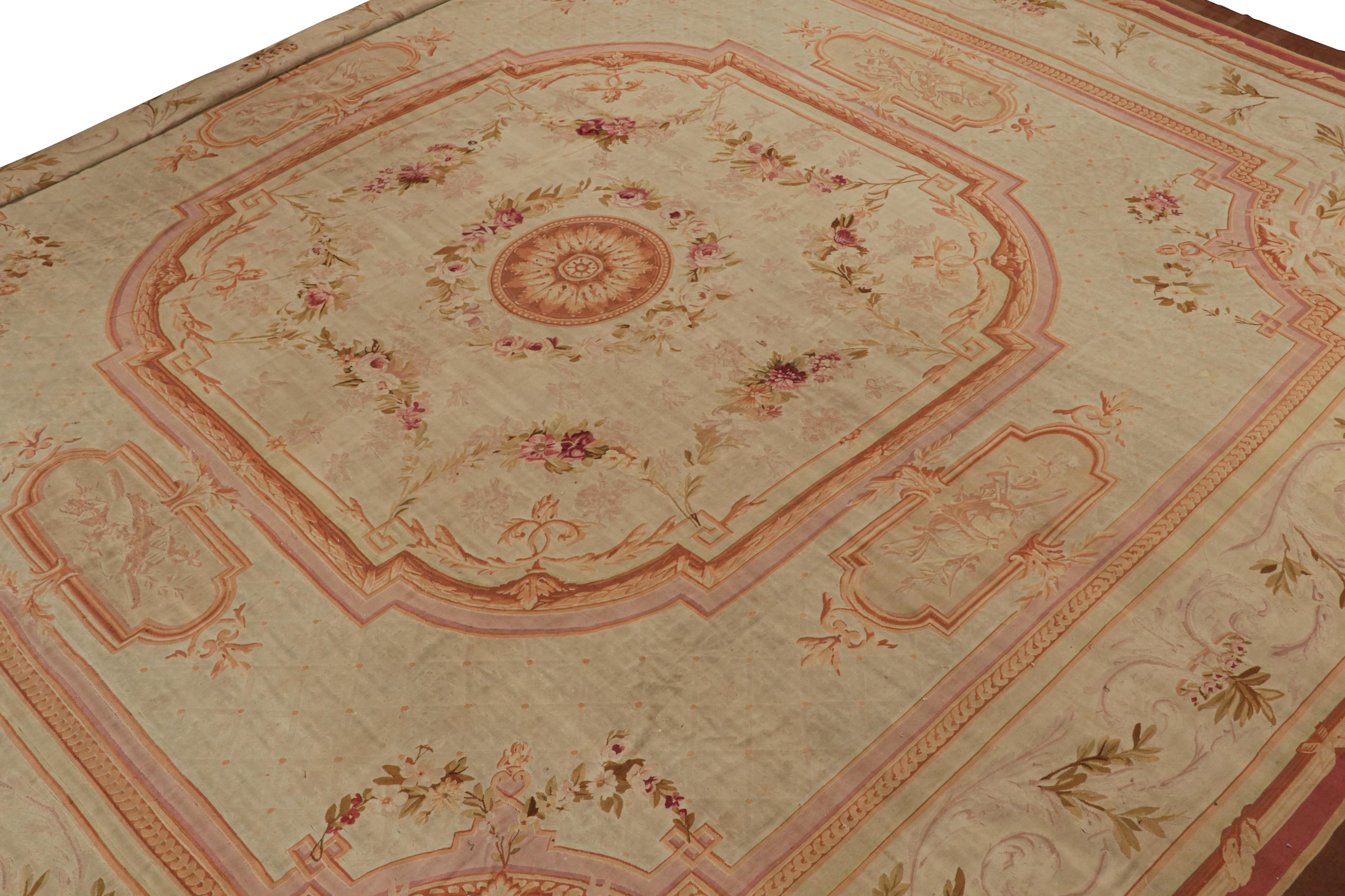 Hand-Woven Antique Aubusson Flatweave Floral Square Rug in Cream and Pink For Sale