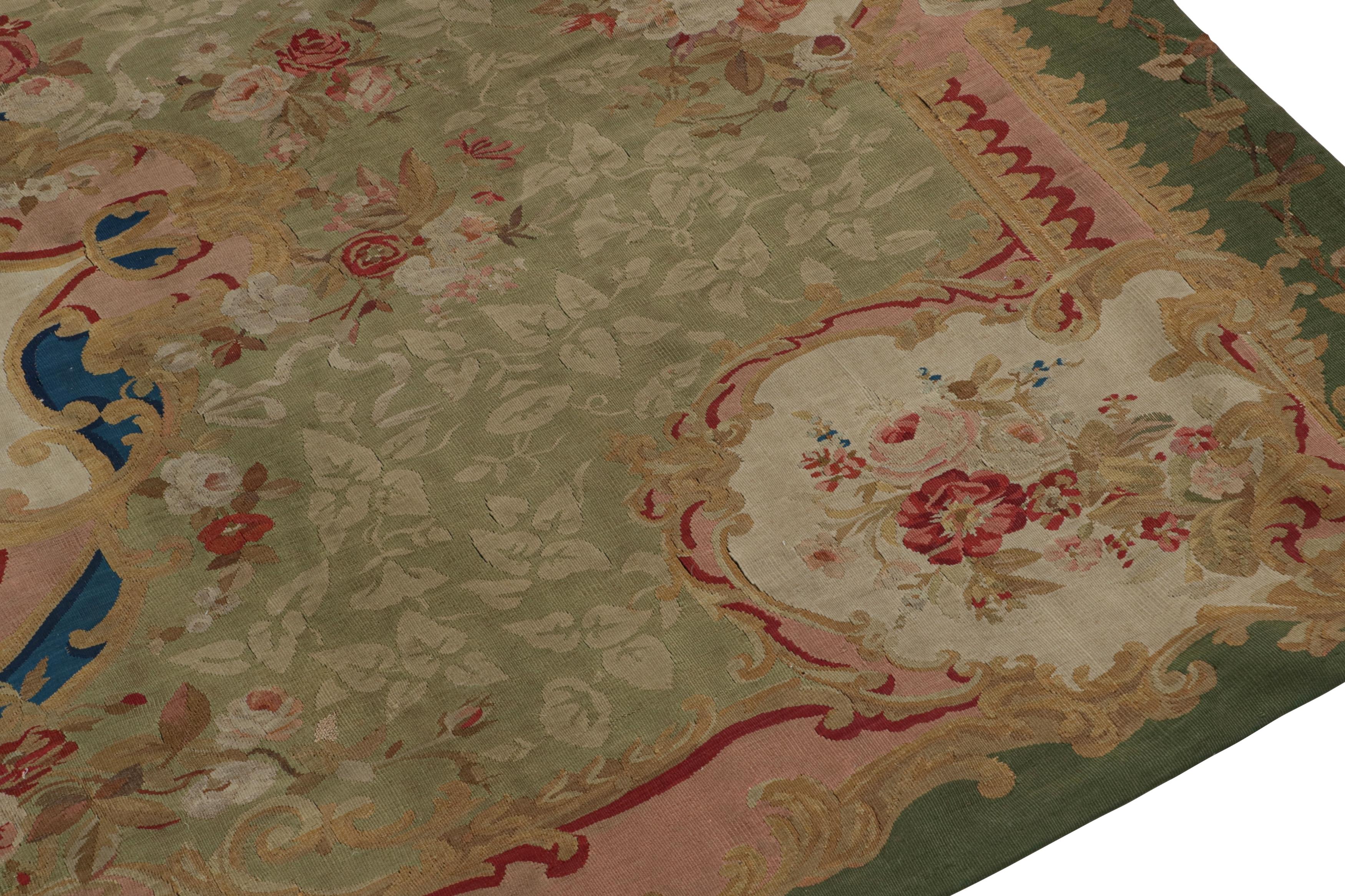 Late 19th Century Antique Aubusson Flatweave in Green and Pink with Florals, from Rug & Kilim For Sale