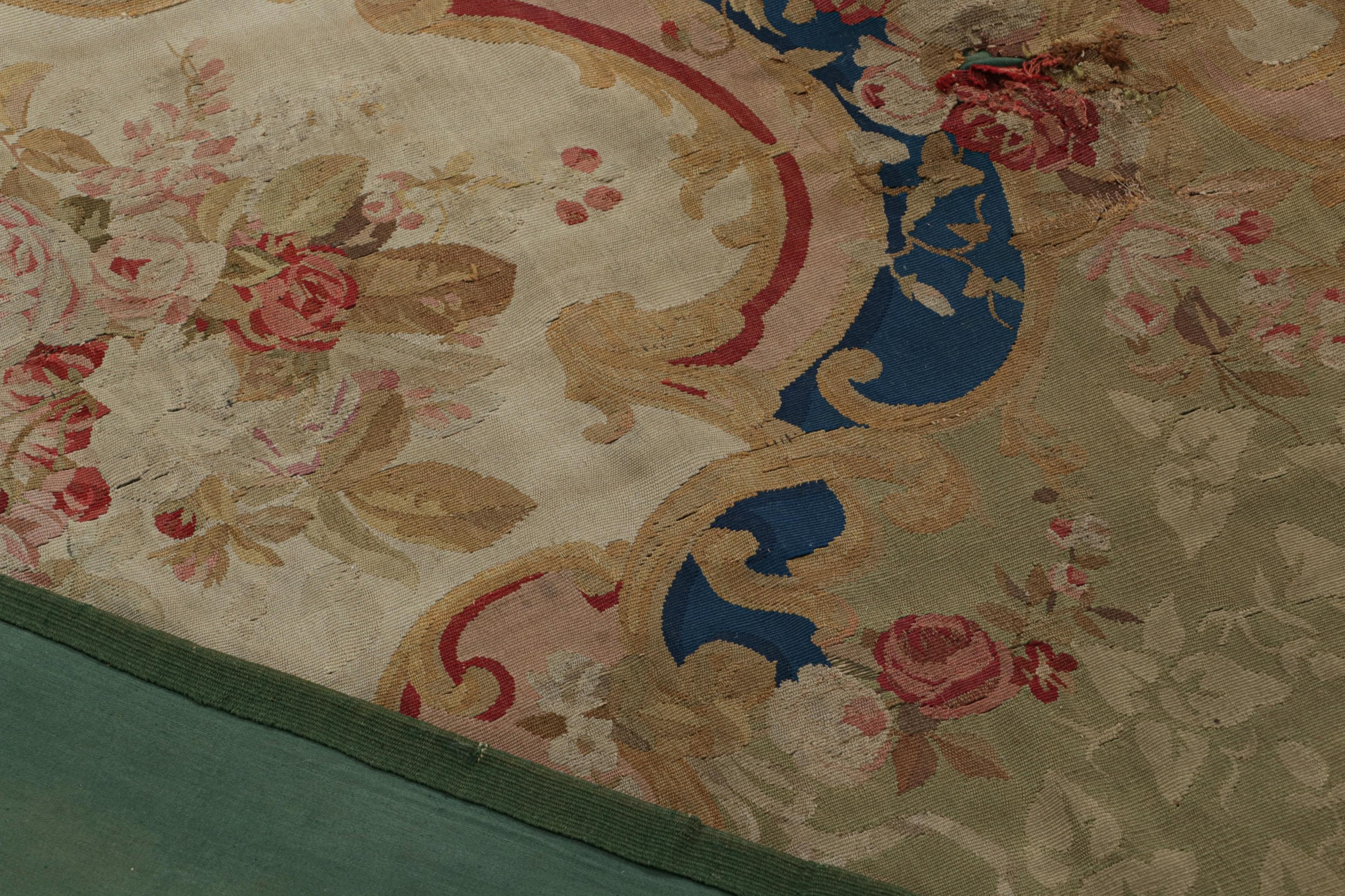 Wool Antique Aubusson Flatweave in Green and Pink with Florals, from Rug & Kilim For Sale