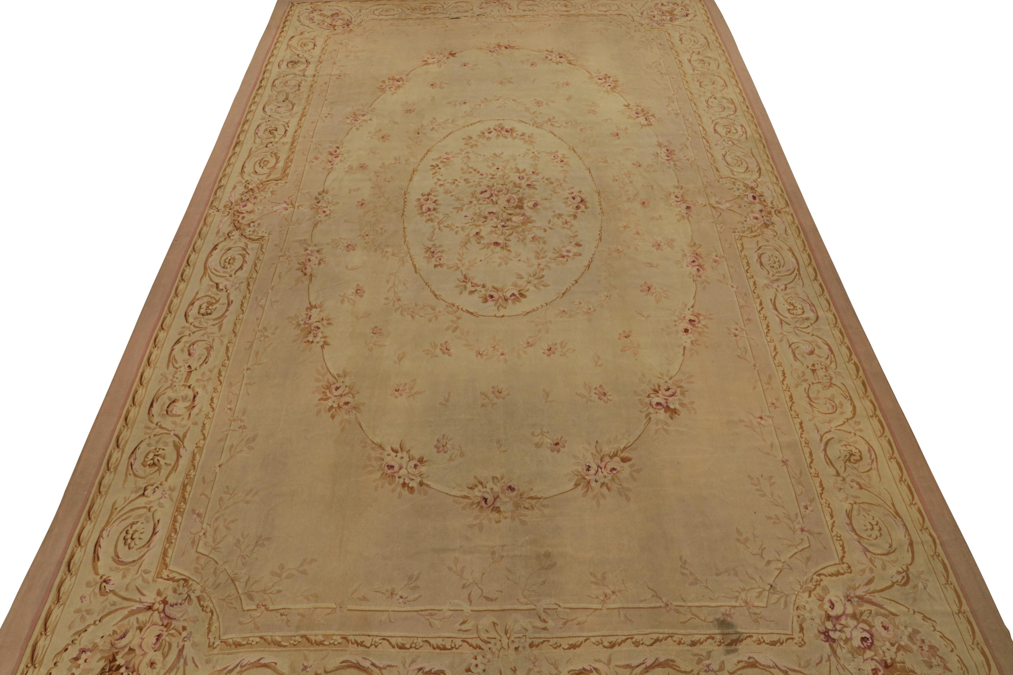 French Antique Aubusson Flatweave Oversized Rug in Cream with Florals For Sale