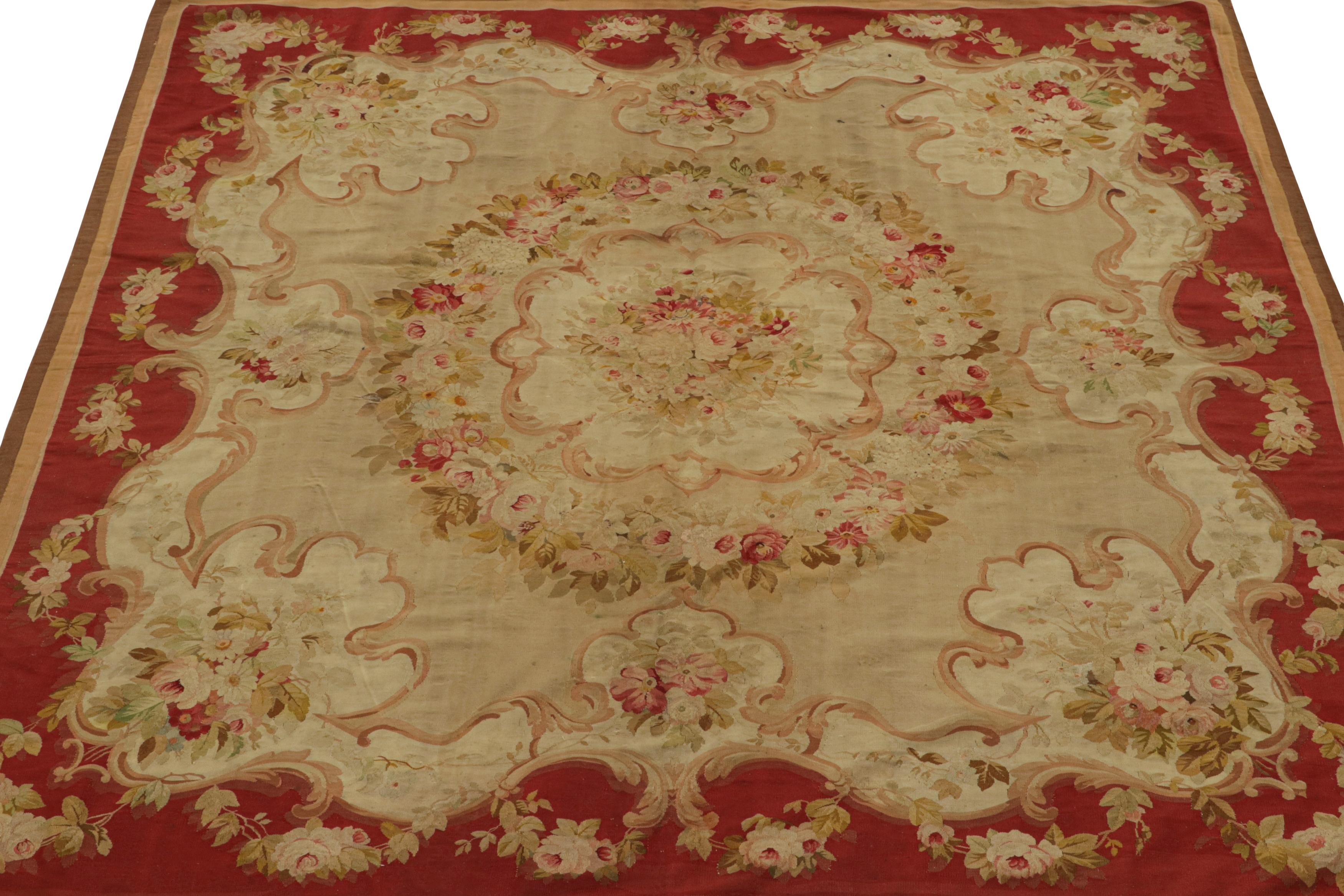 Hand-Woven Antique Aubusson Flatweave Rug in Beige, with Floral Medallions from Rug & Kilim For Sale