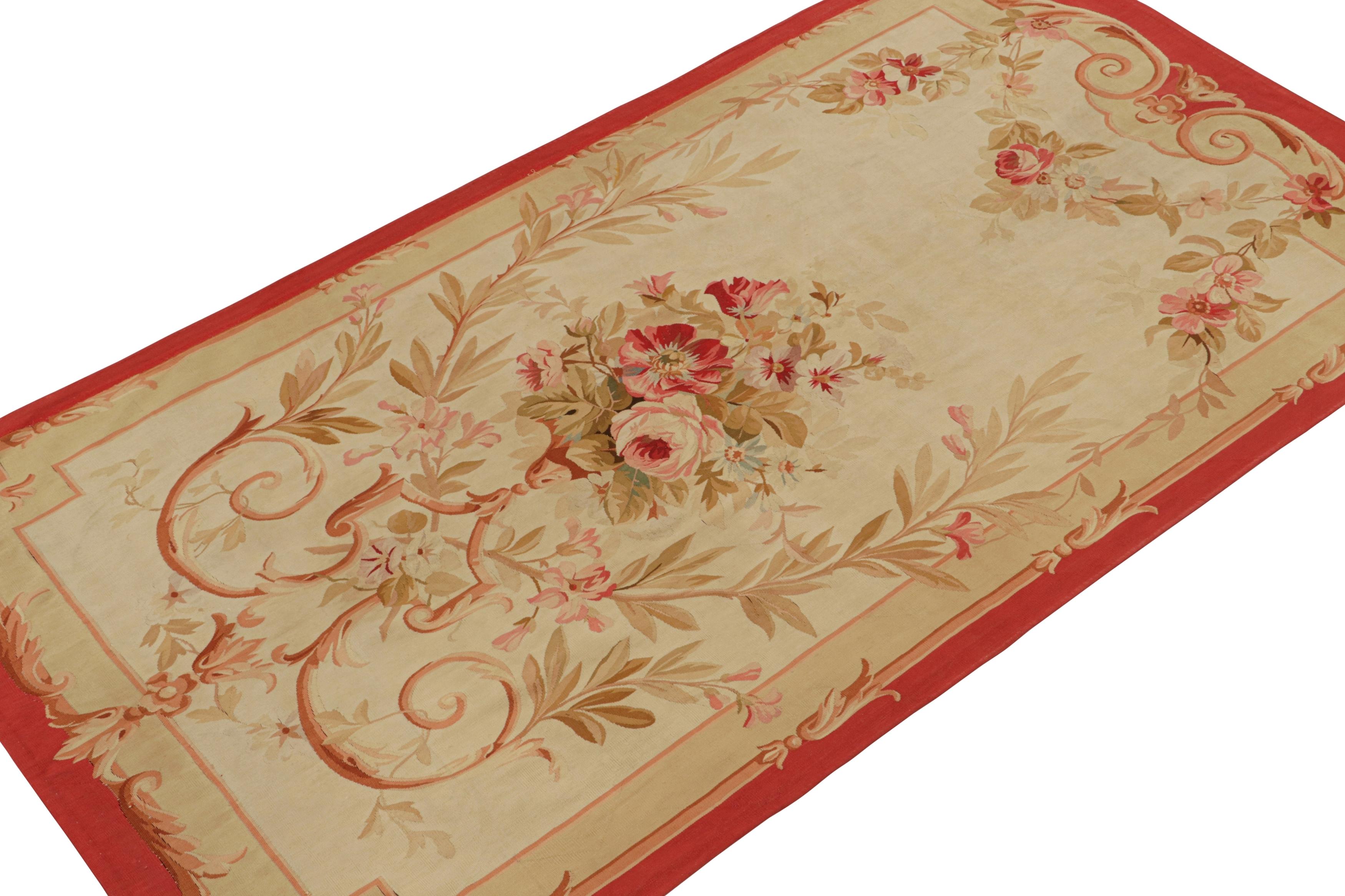 Featuring intricate floral patterns, this 5x10 antique Aubusson flatweave rug, with a beige and cream field, is handwoven in wool and originates from France, at the turn of the 19th century. 

On the design: 

Handwoven in wool, circa 1890-1900,