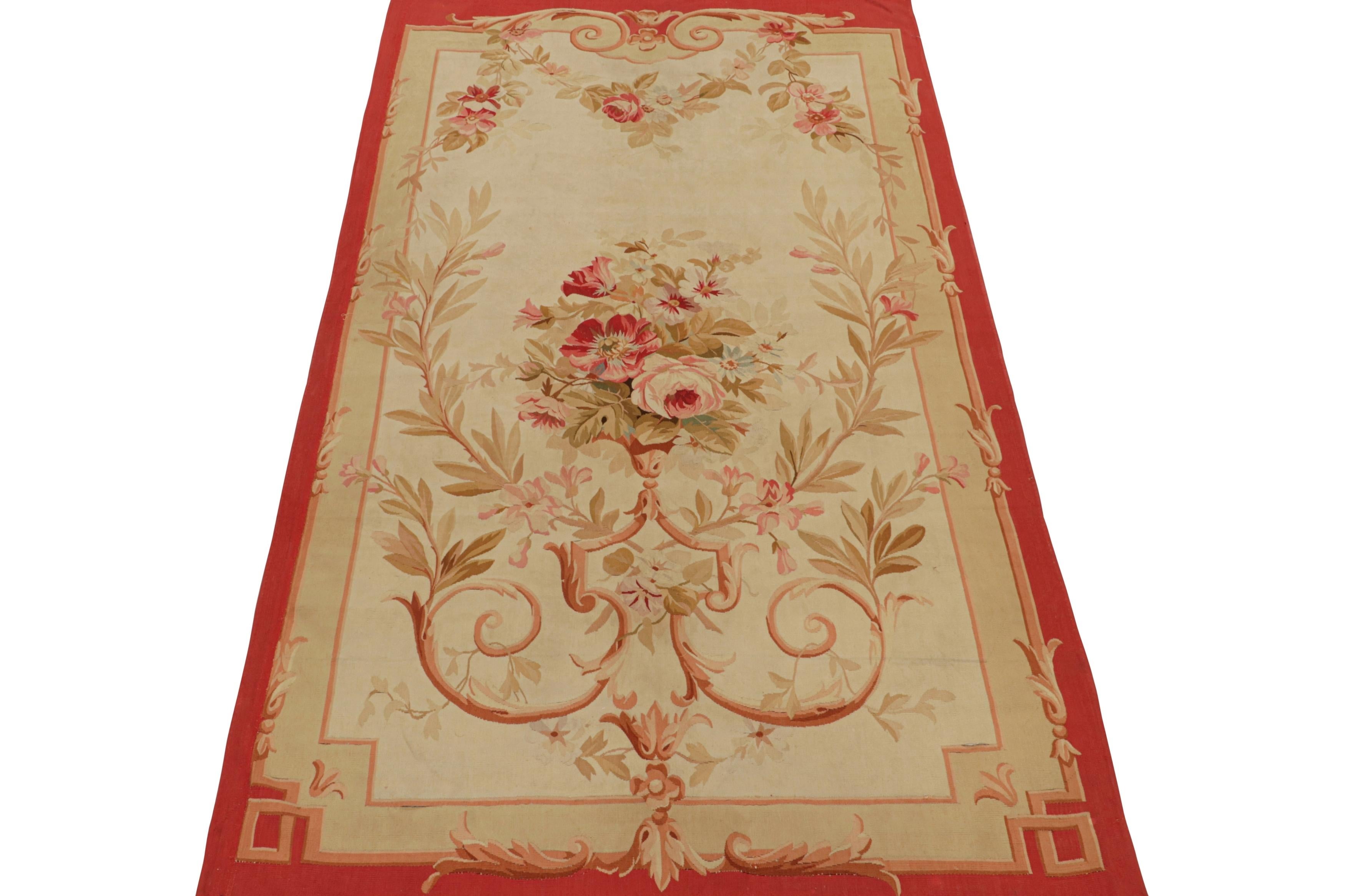 French Antique Aubusson Flatweave Rug in Beige with Floral Patterns, from Rug & Kilim For Sale