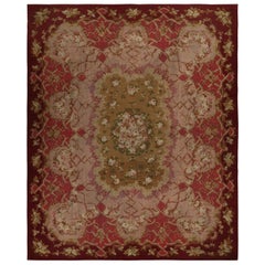 Tappeto antico Aubusson a trama piatta di colore rosso con motivi floreali