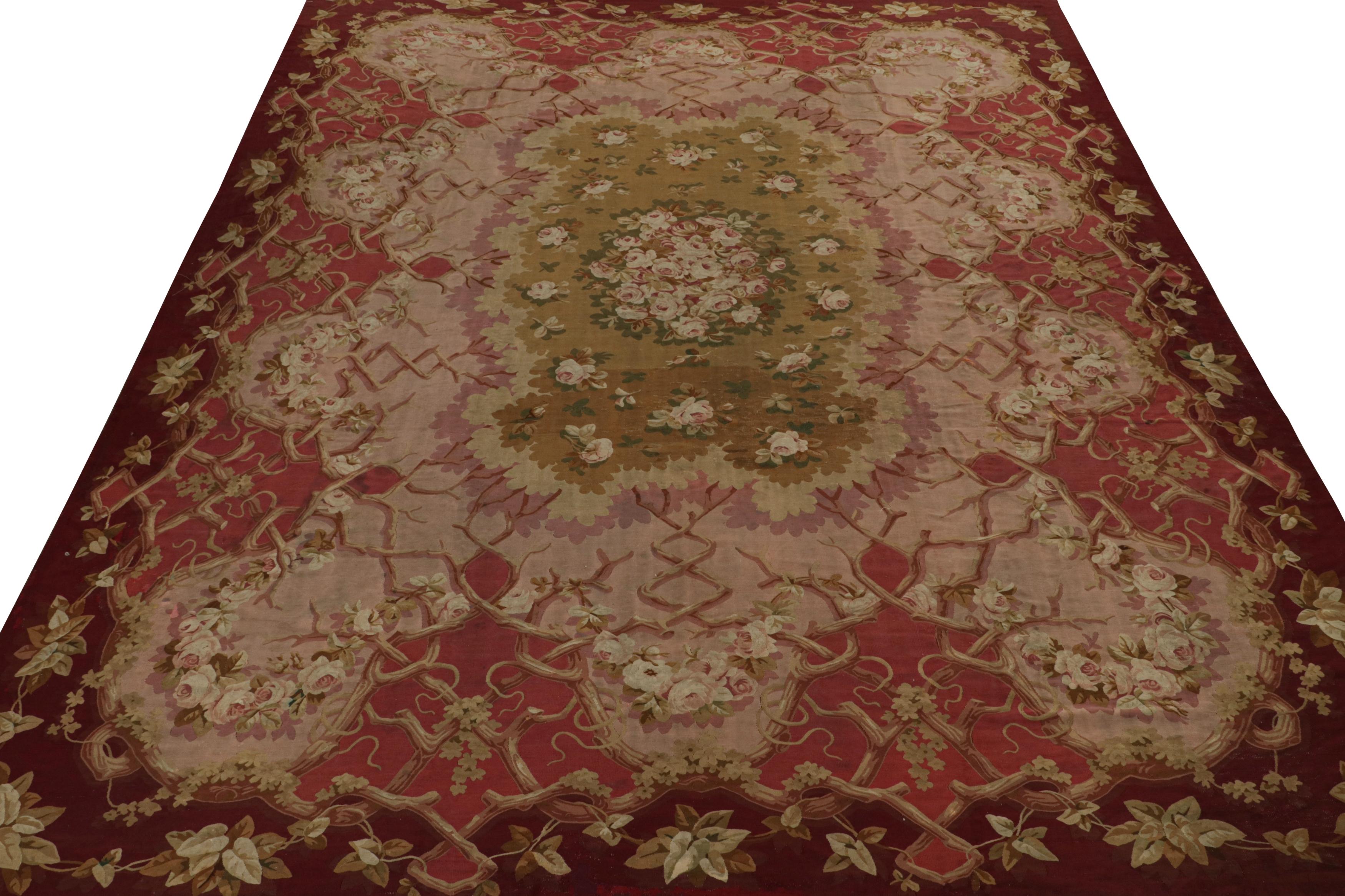 French Antique Aubusson Flatweave Rug in Red with Floral Patterns For Sale