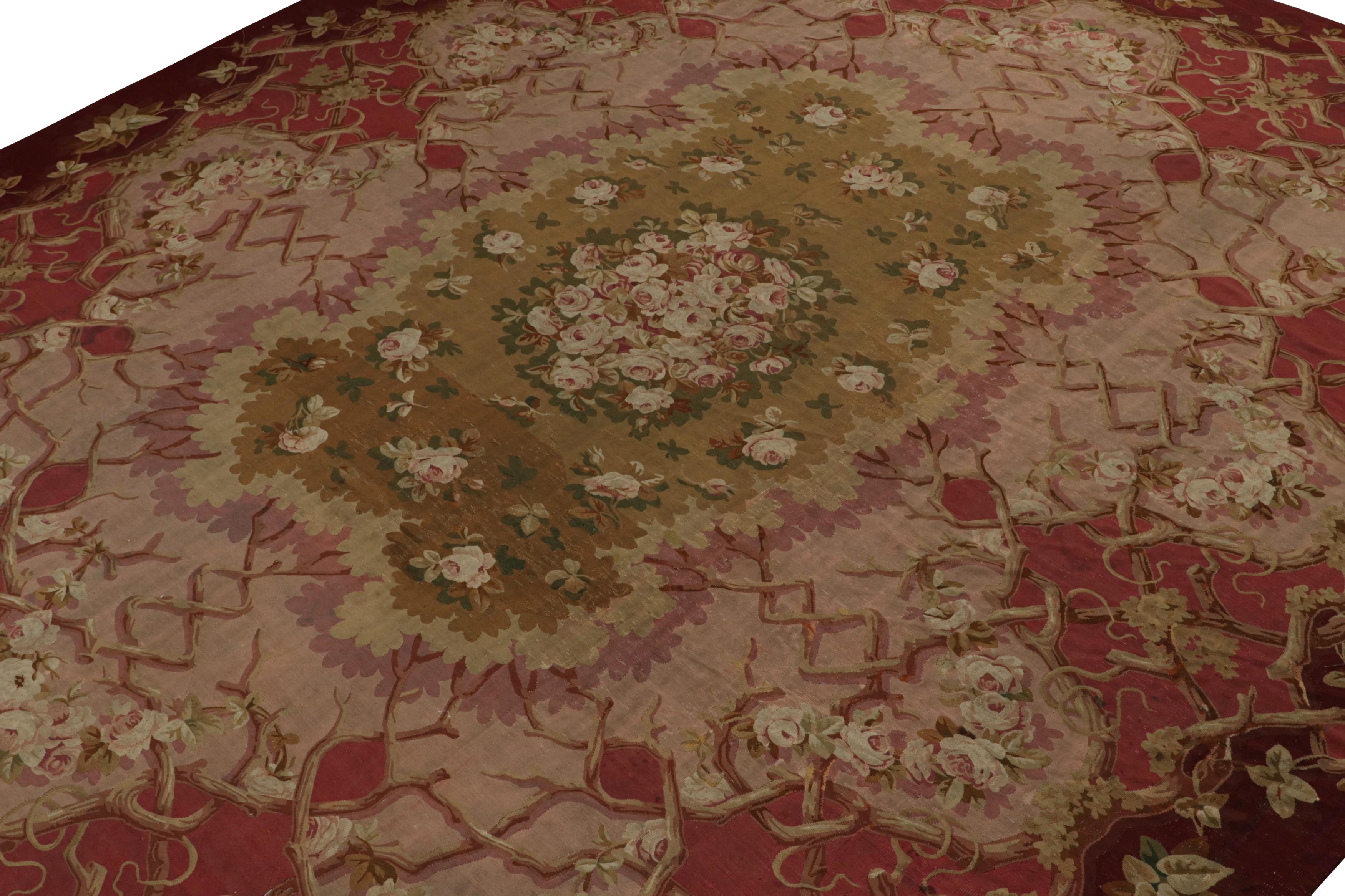 Hand-Woven Antique Aubusson Flatweave Rug in Red with Floral Patterns For Sale