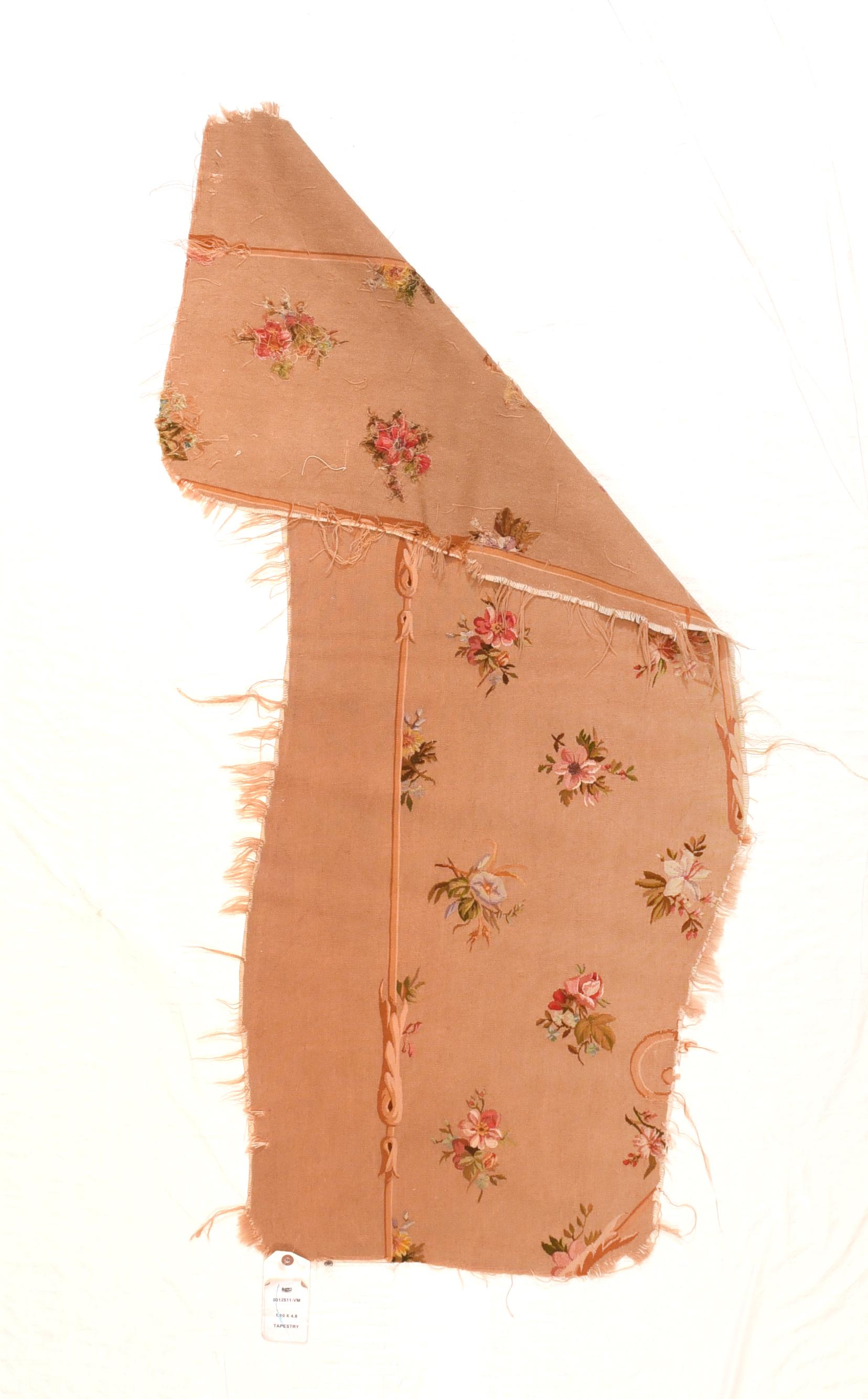Antique Aubusson French Tapestry Cover Seat 1'1'' x 4'8''. With a buff-beige field displaying rose and other flower bunches, with an adjoining plain section. Probably a covering for a settee. Ecru, green and rust details. Rough along one edge, but