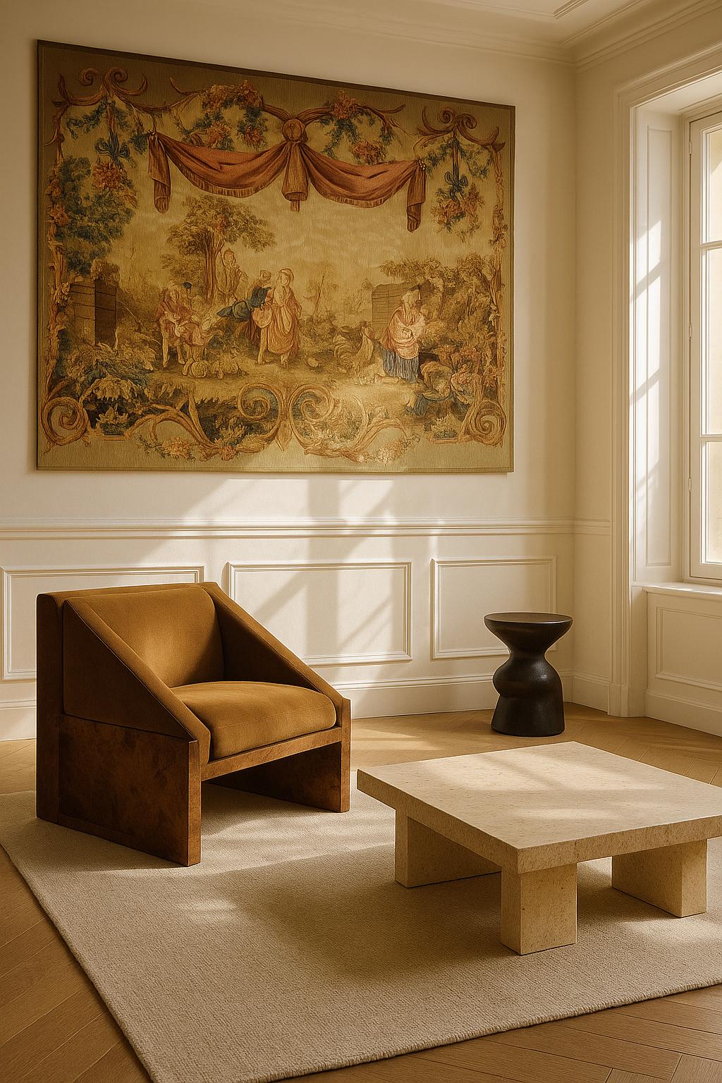 Bringen Sie zeitlose europäische Eleganz in Ihren Raum mit diesem antiken Wandteppich (6'1