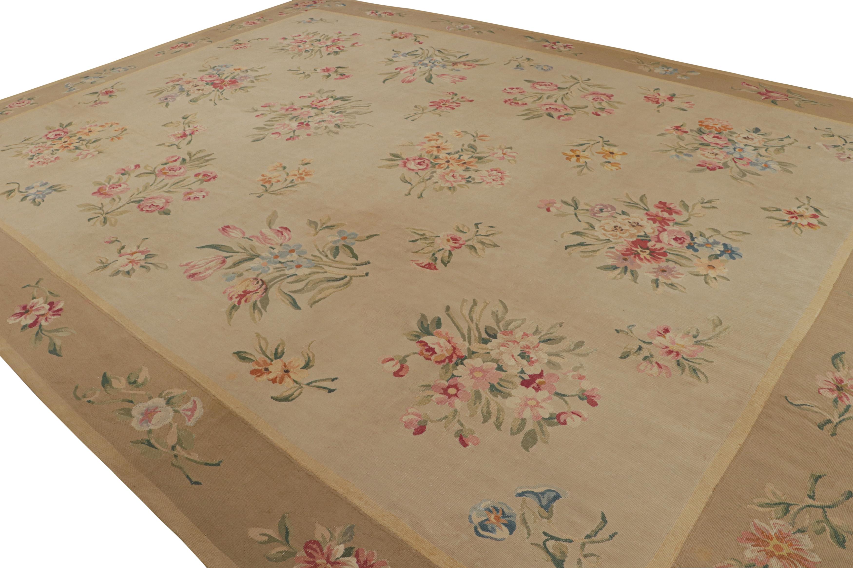 Hand-Woven Antique Aubusson Rug in Beige-Brown with Floral Patterns, from Rug & Kilim For Sale