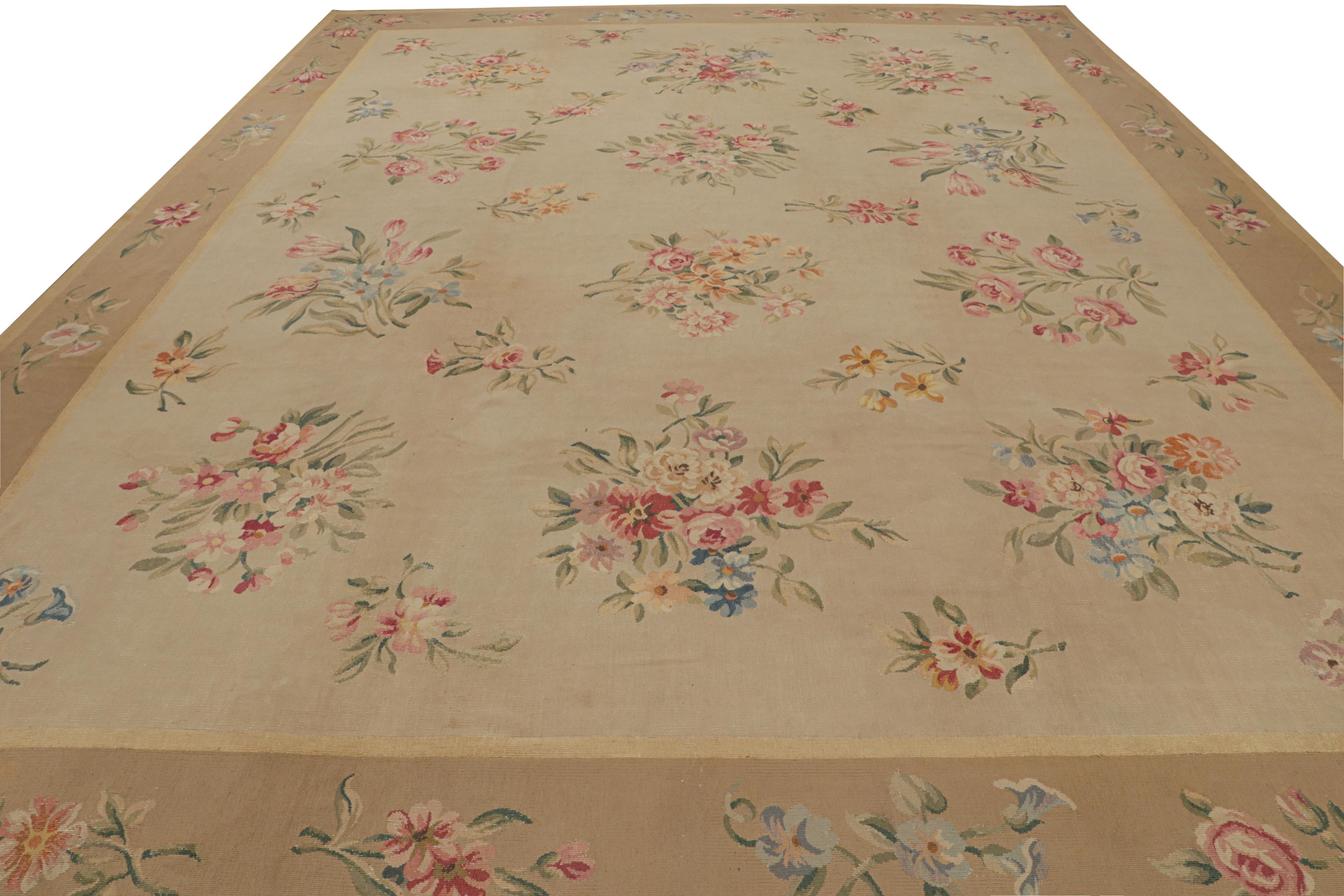 Antique Aubusson Rug in Beige-Brown with Floral Patterns, from Rug & Kilim In Good Condition For Sale In Long Island City, NY