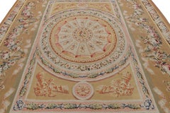 Antique Aubusson Rug in Beige-Brown with Medallion and Florals