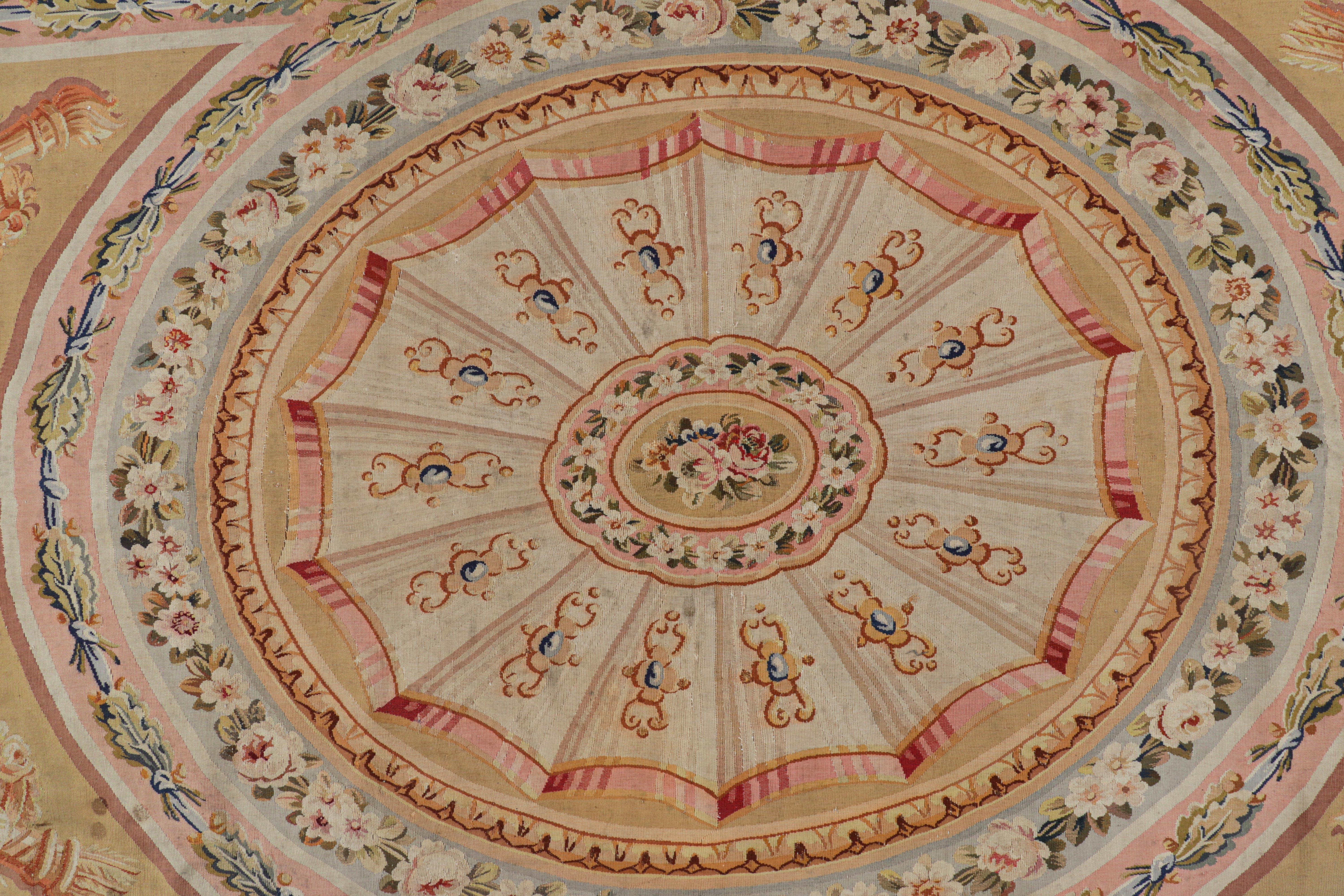 French Antique Aubusson Rug in Beige-Brown with Medallion and Florals For Sale