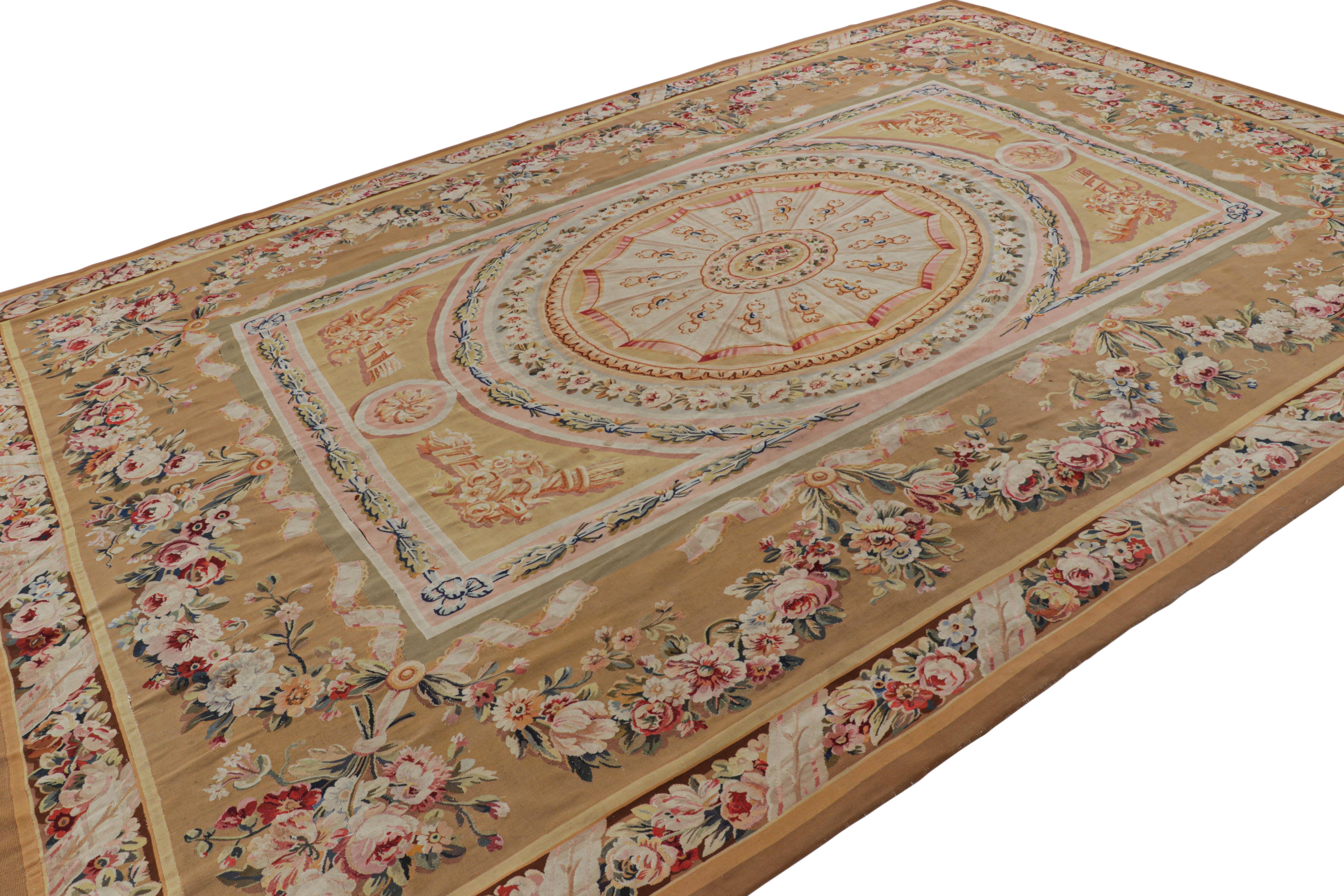 Hand-Woven Antique Aubusson Rug in Beige-Brown with Medallion and Florals For Sale