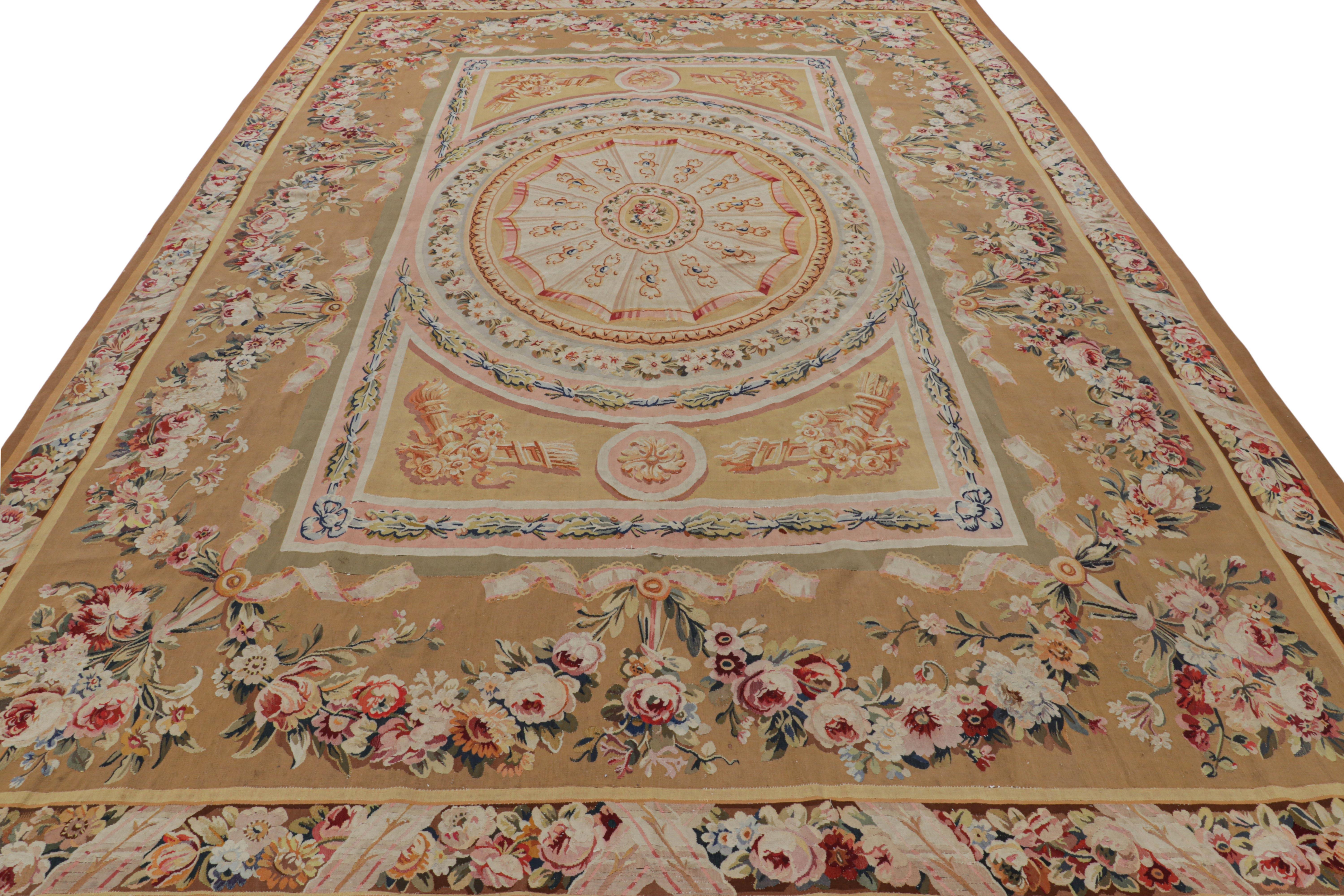 Antique Aubusson Rug in Beige-Brown with Medallion and Florals In Good Condition For Sale In Long Island City, NY