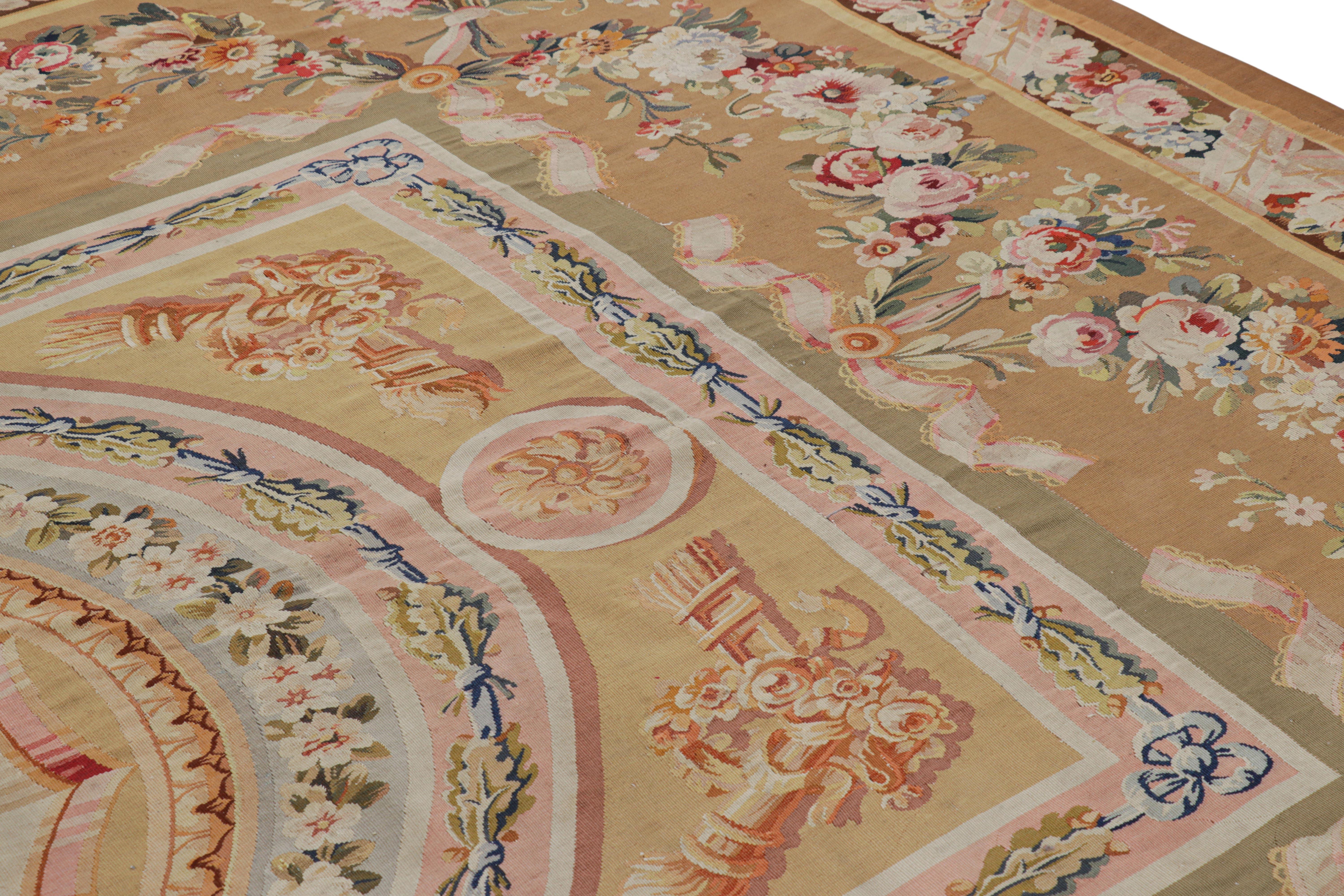 Early 20th Century Antique Aubusson Rug in Beige-Brown with Medallion and Florals For Sale