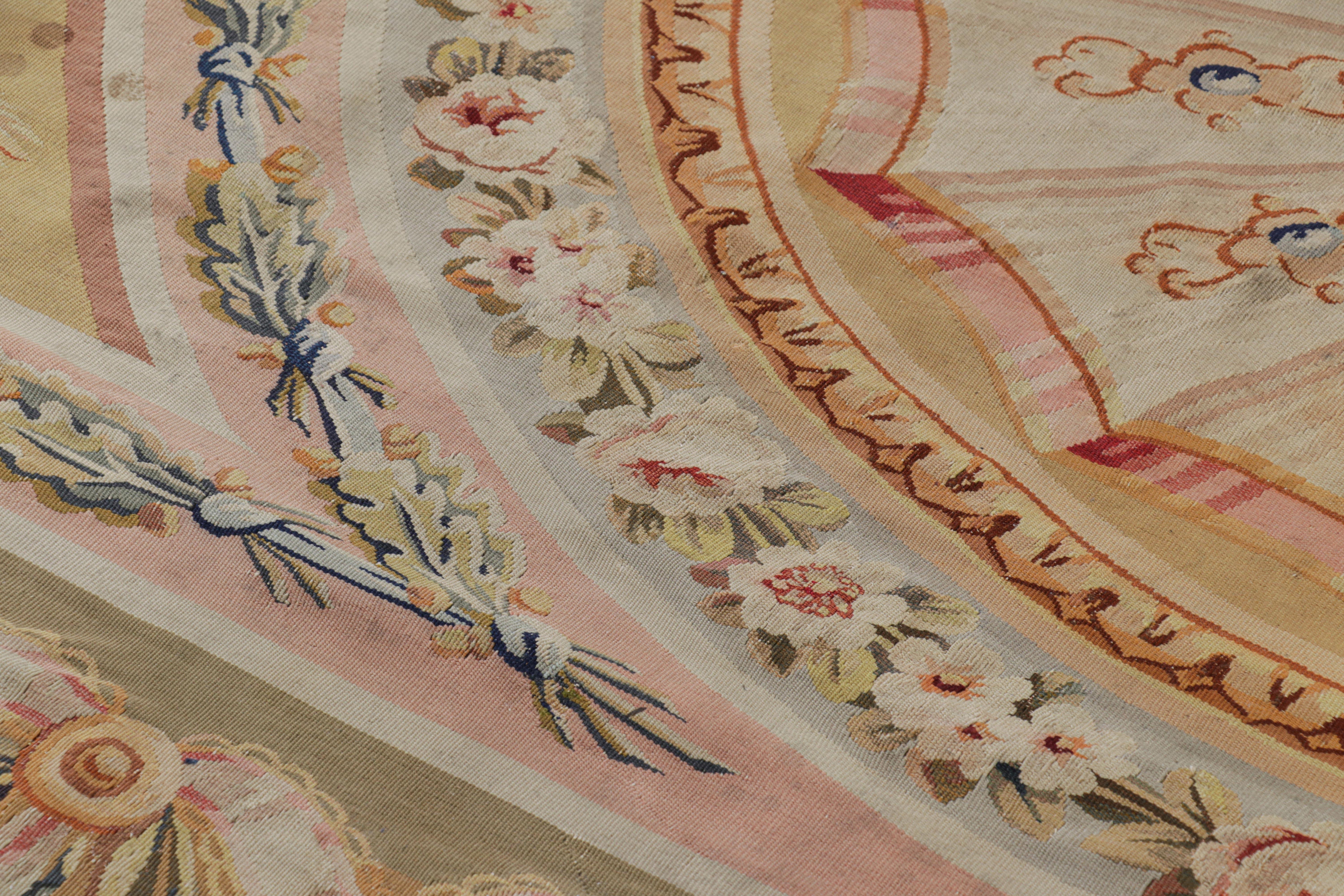 Wool Antique Aubusson Rug in Beige-Brown with Medallion and Florals For Sale