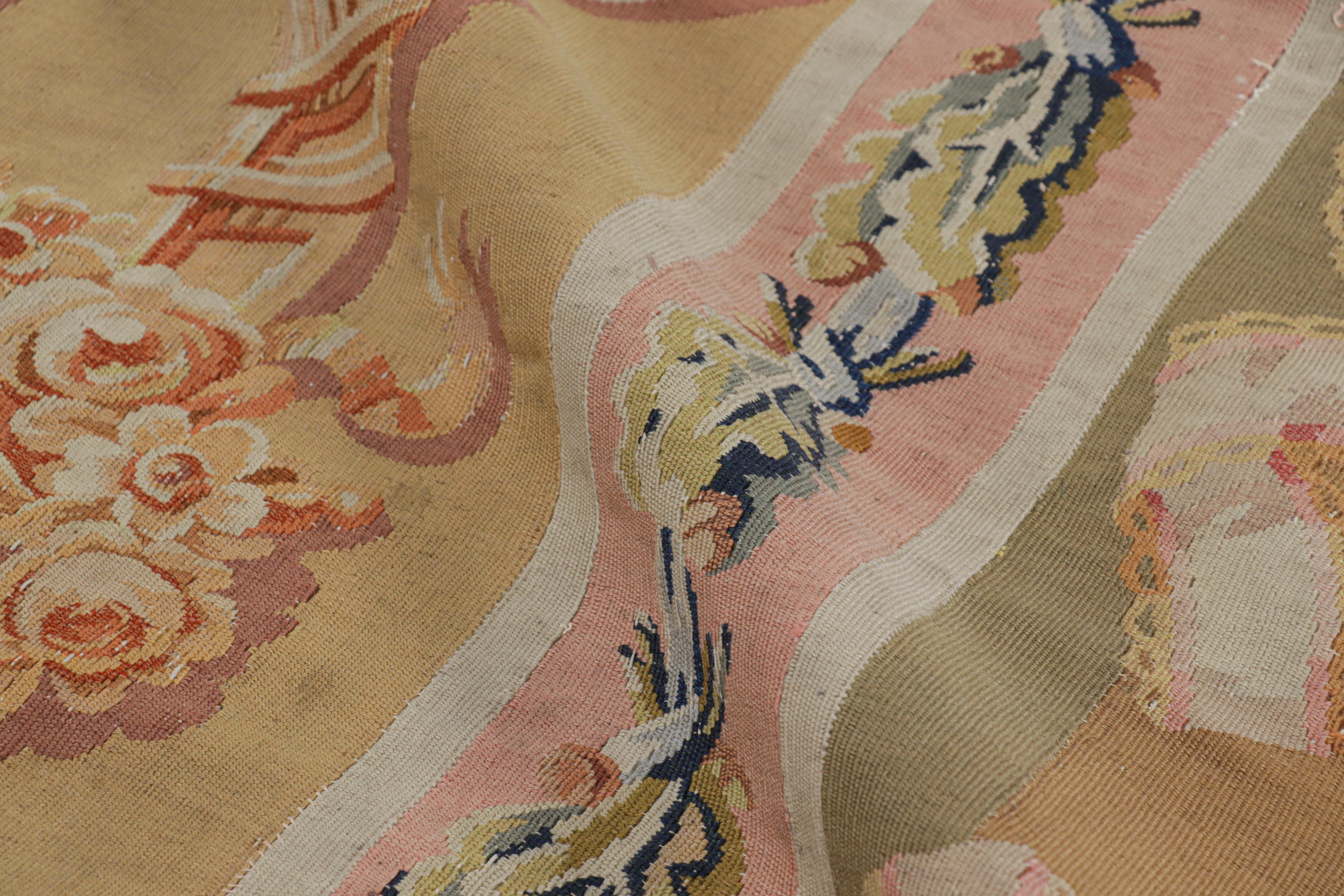 Antique Aubusson Rug in Beige-Brown with Medallion and Florals For Sale 1