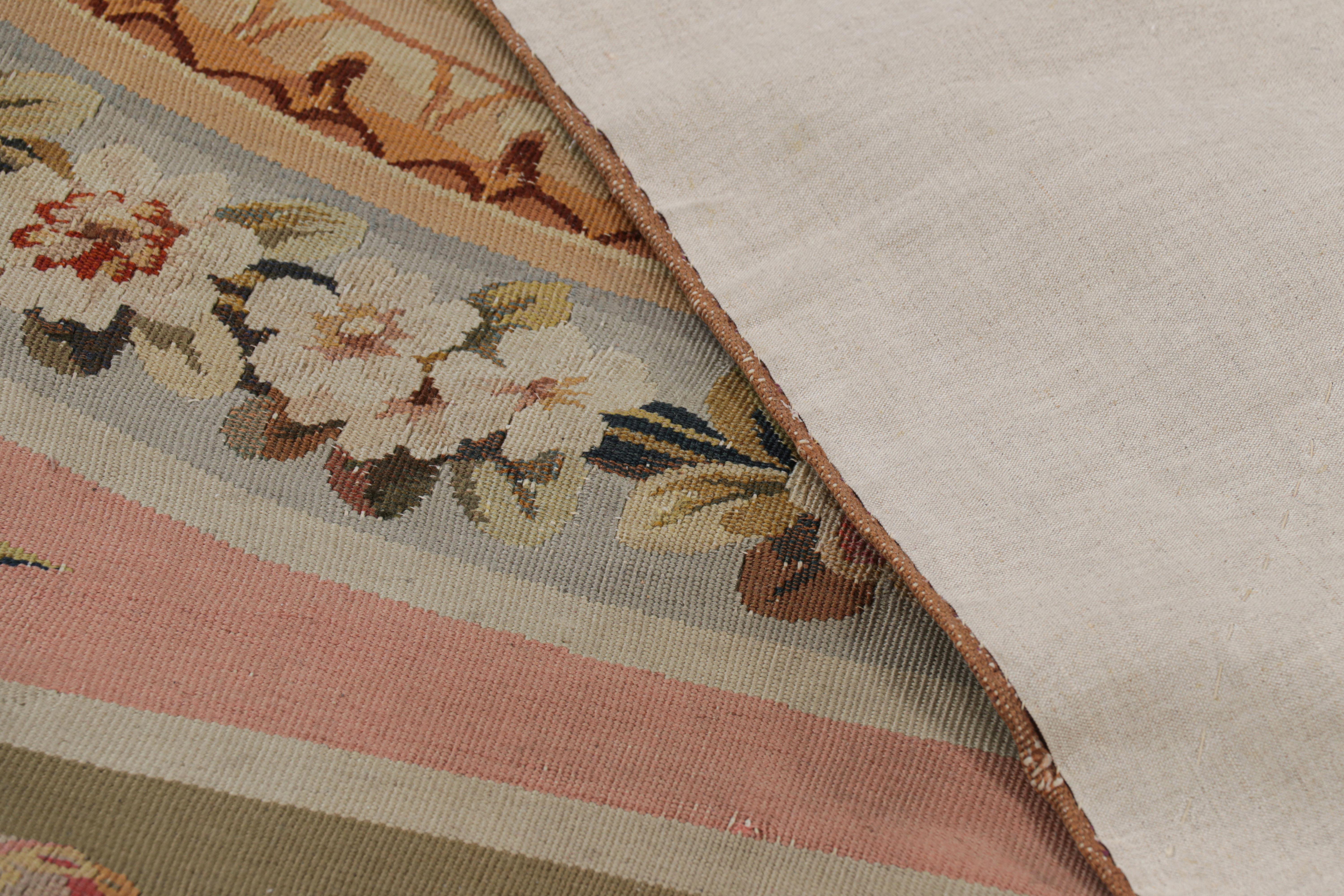 Antique Aubusson Rug in Beige-Brown with Medallion and Florals For Sale 2