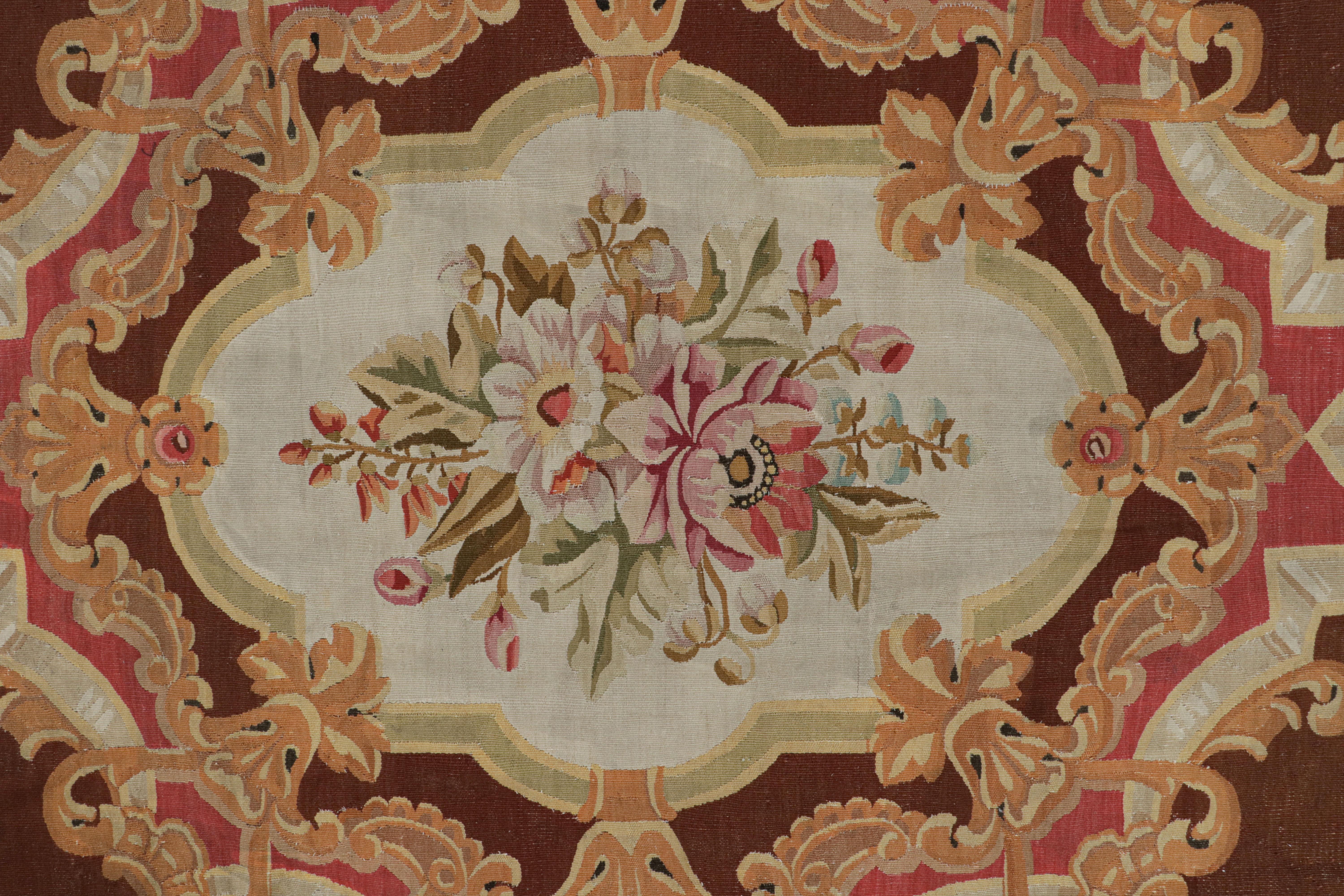 French Antique Aubusson Rug in Brown with Floral Medallion, from Rug & Kilim For Sale