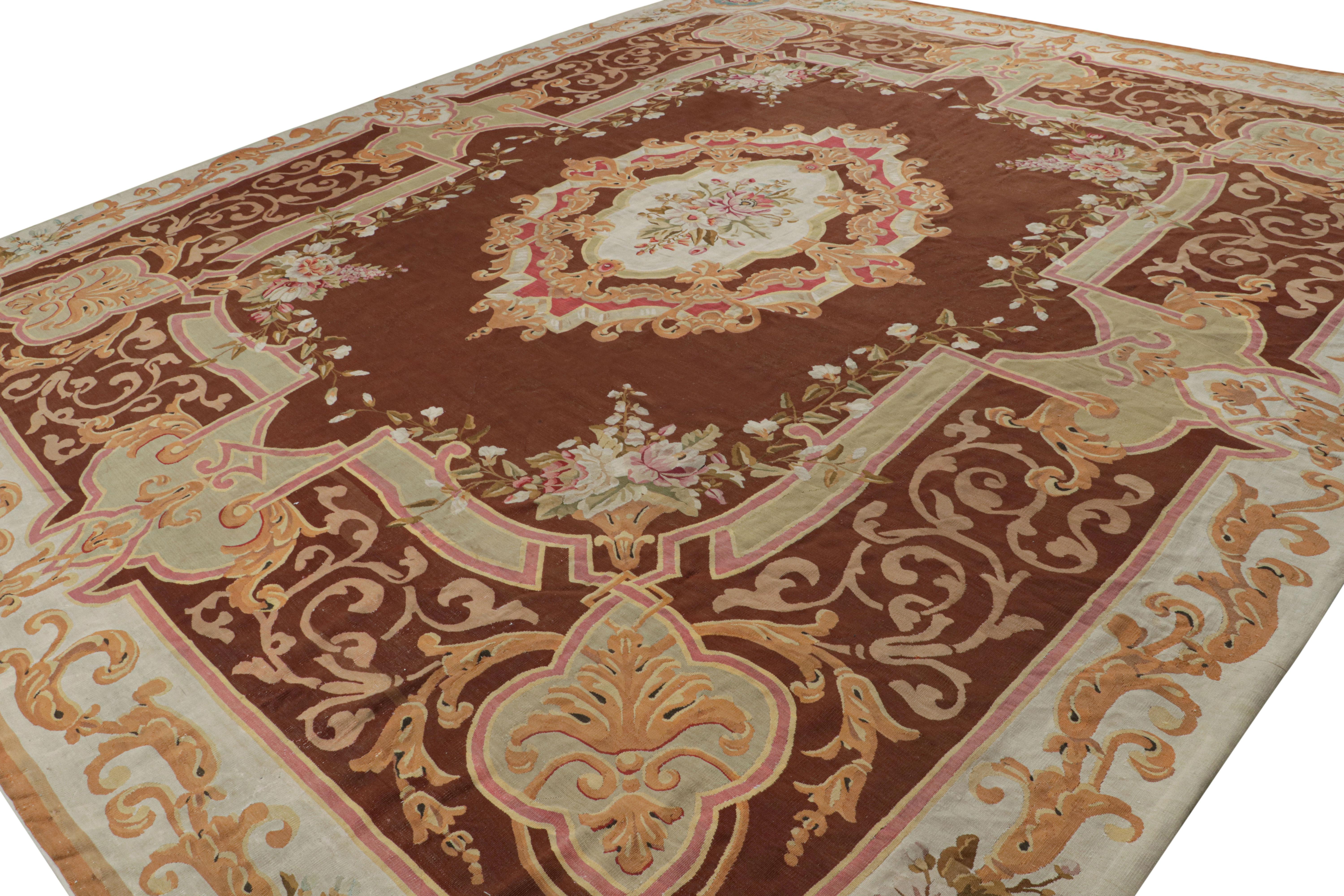 Hand-Woven Antique Aubusson Rug in Brown with Floral Medallion For Sale