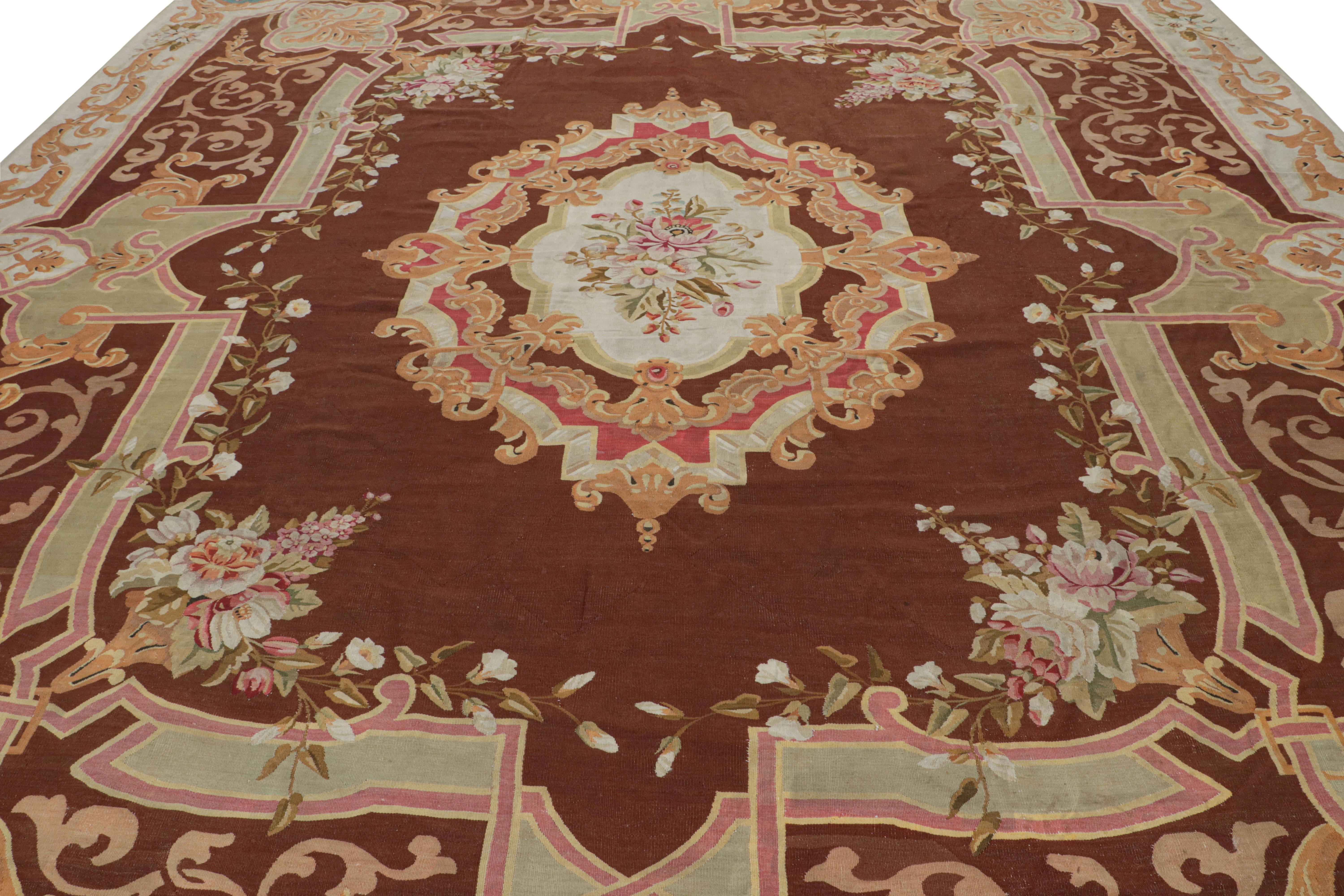Antique Aubusson Rug in Brown with Floral Medallion In Good Condition For Sale In Long Island City, NY