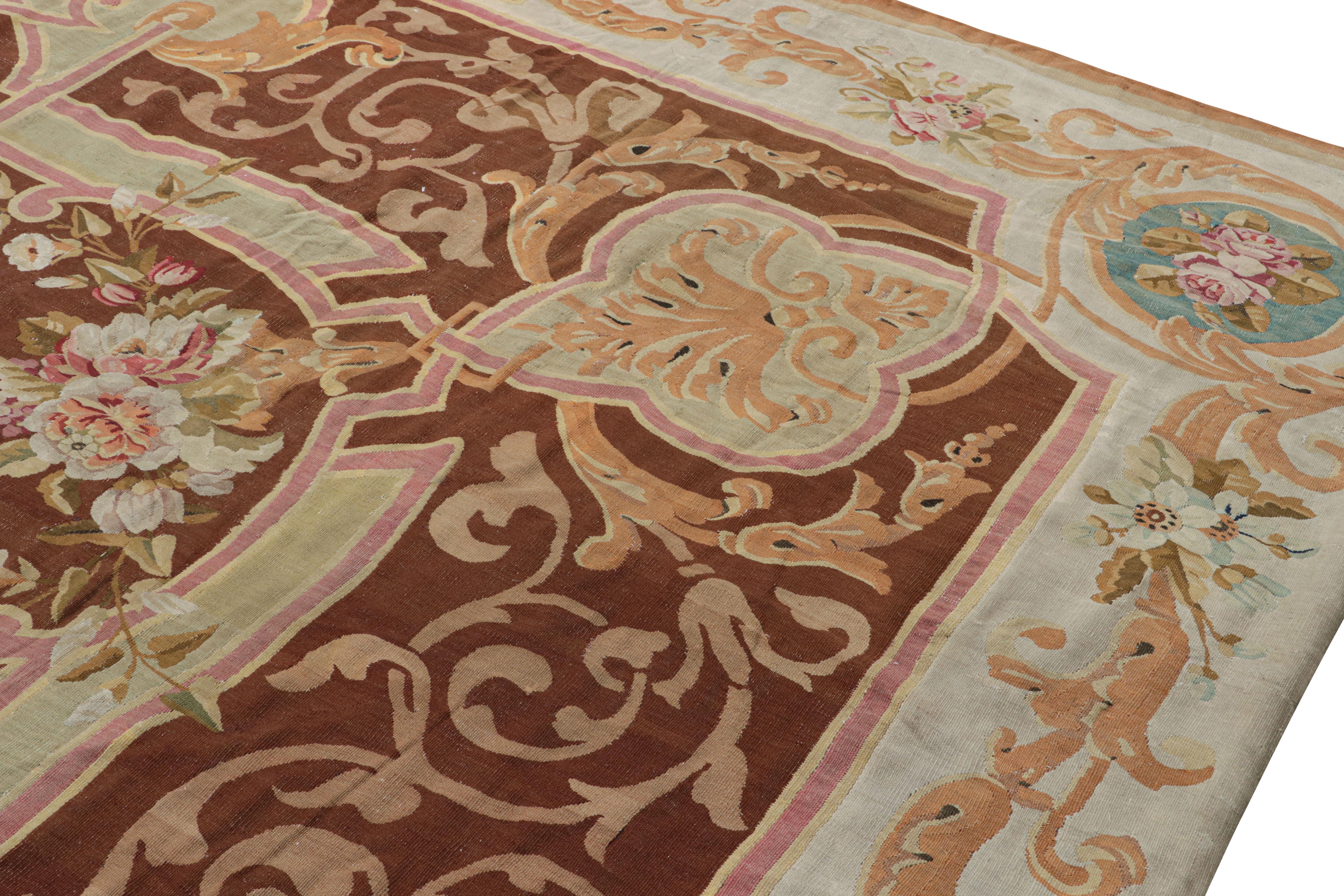 Late 19th Century Antique Aubusson Rug in Brown with Floral Medallion, from Rug & Kilim For Sale