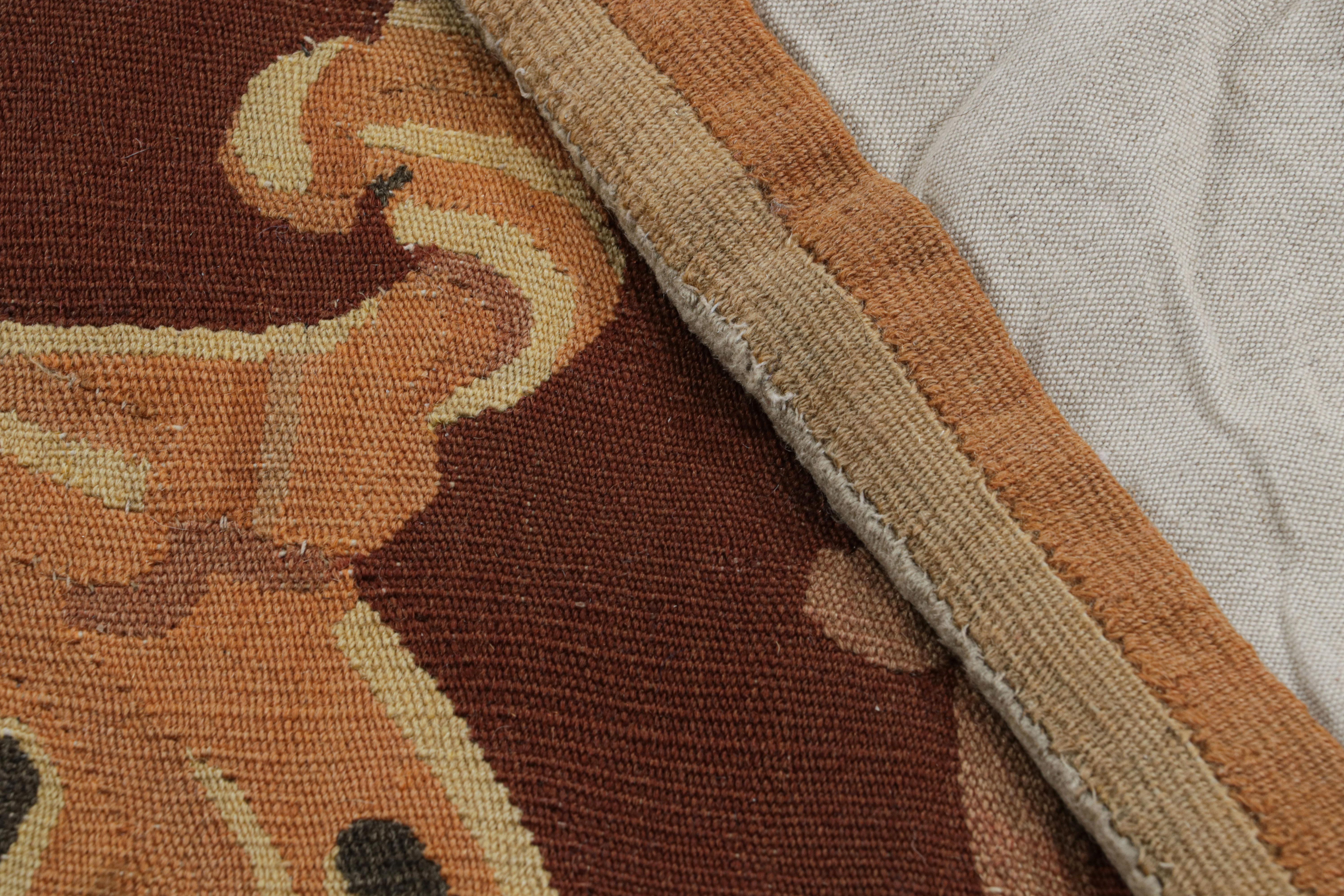 Wool Antique Aubusson Rug in Brown with Floral Medallion For Sale