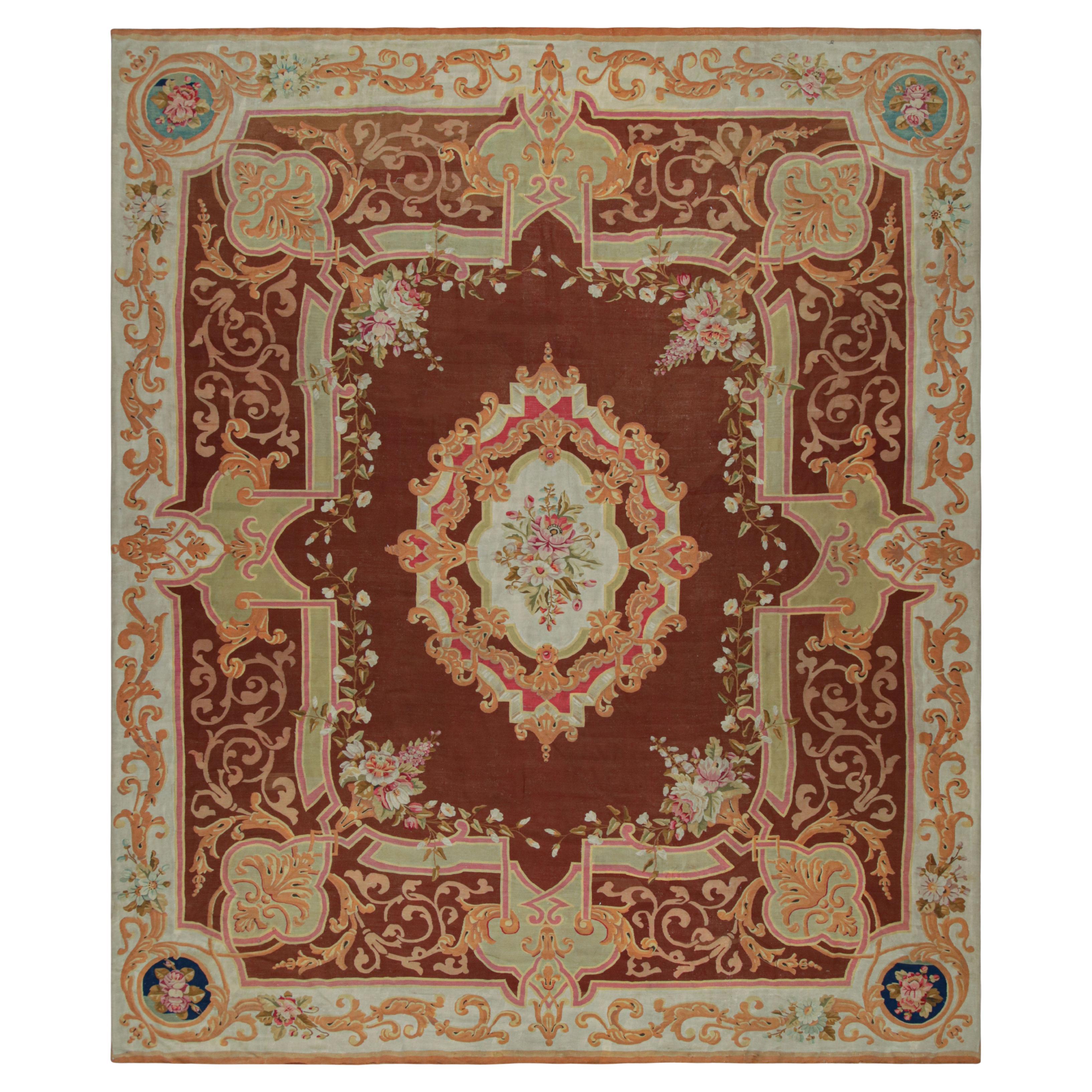 Antique Aubusson Rug in Brown with Floral Medallion