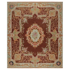 Antique Aubusson Rug in Brown with Floral Medallion