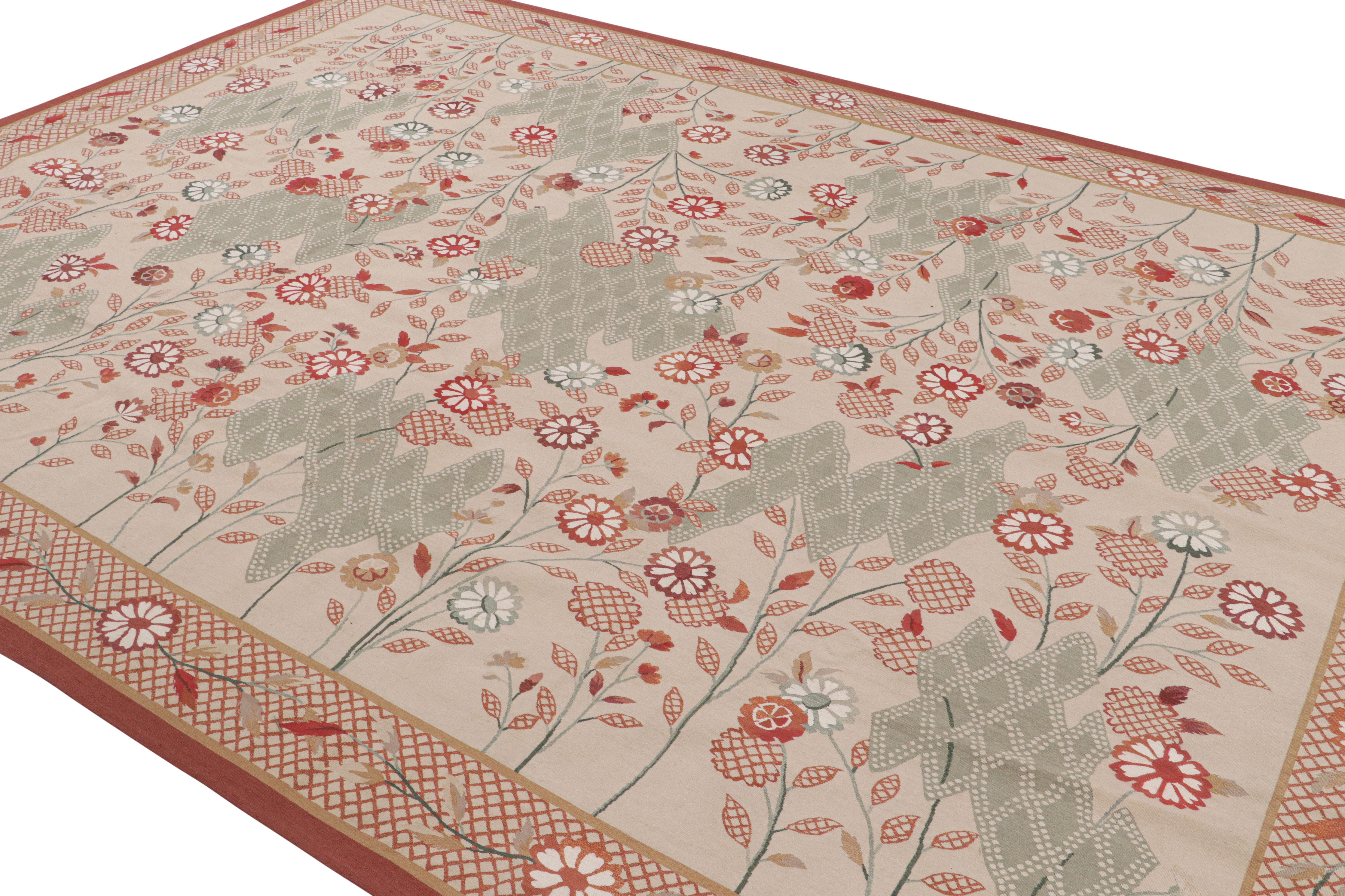 Hand-Woven Antique Aubusson Rug with Beige-Brown, Green and Red Florals, from Rug & Kilim For Sale