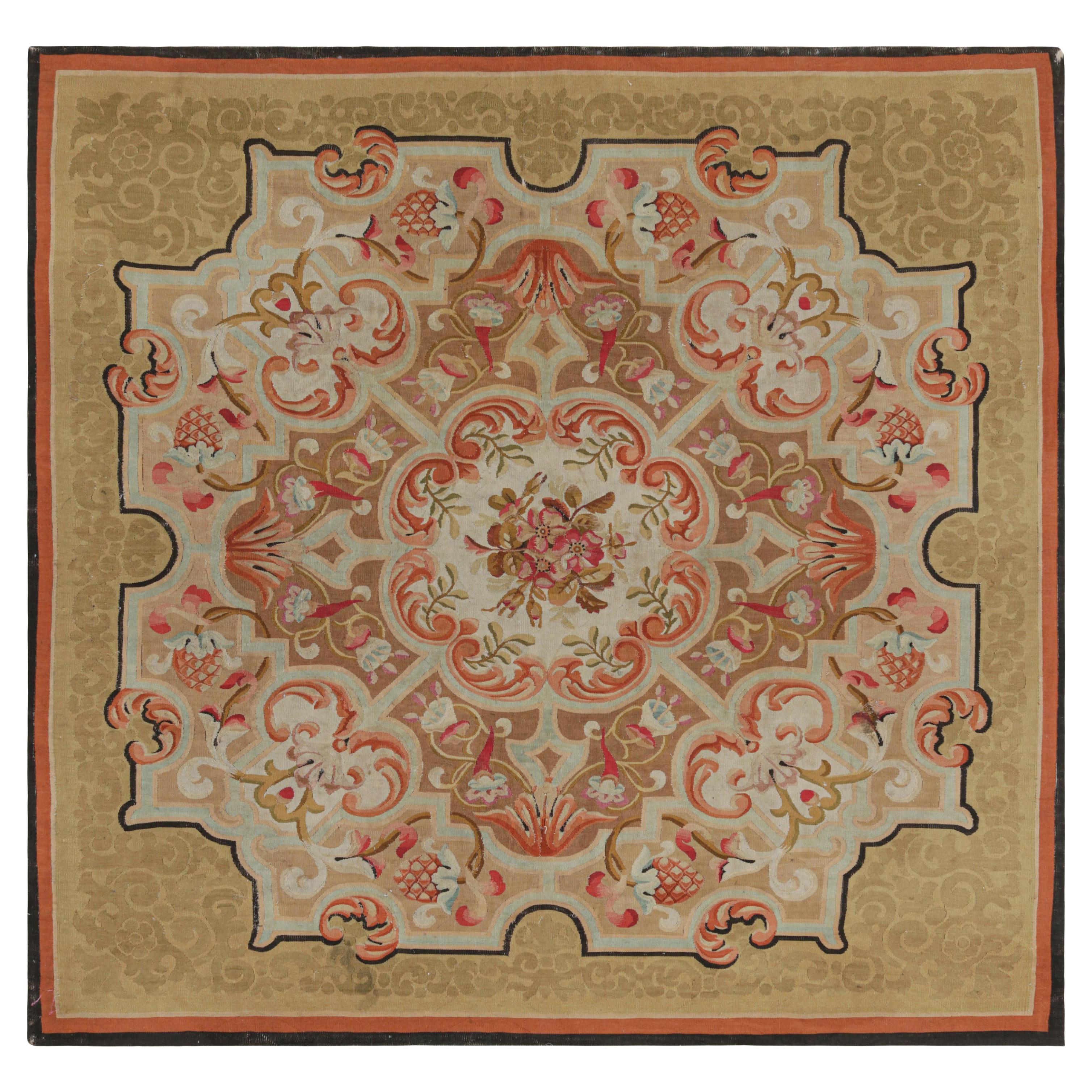 Antique Aubusson Square Rug in Gold with Floral Medallion