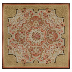Antique Aubusson Square Rug in Gold with Floral Medallion