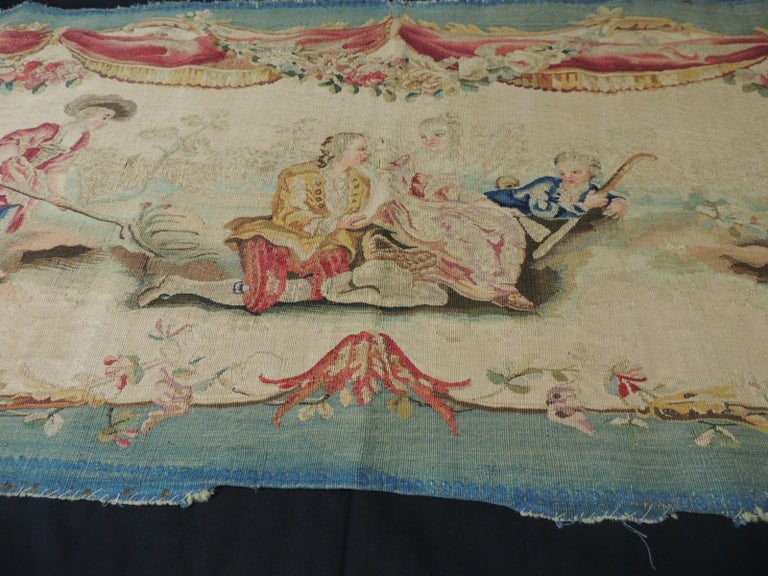 French Antique Aubusson Tapestry Blue and Pink Settee Seat/Back Cover For Sale