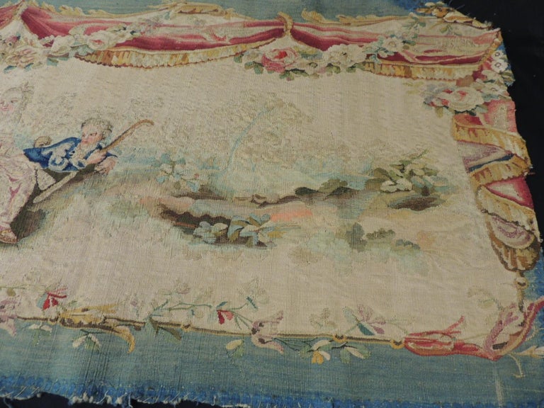 Hand-Crafted Antique Aubusson Tapestry Blue and Pink Settee Seat/Back Cover For Sale