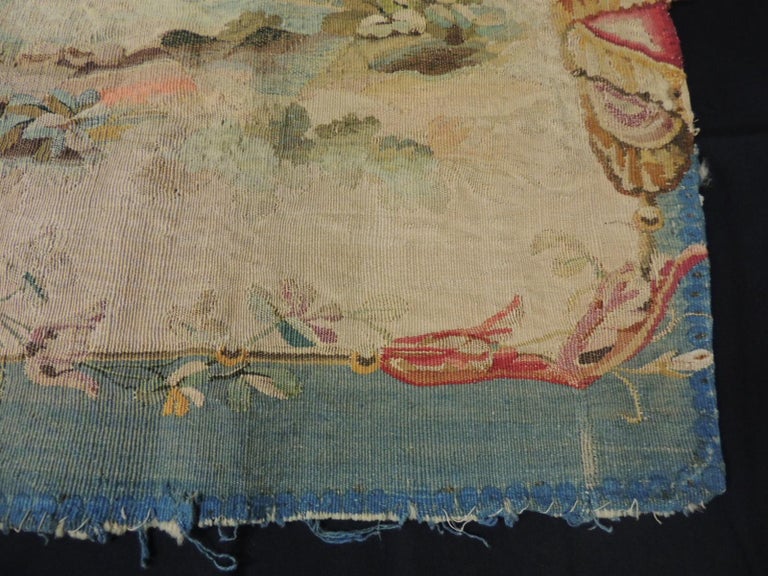 Wool Antique Aubusson Tapestry Blue and Pink Settee Seat/Back Cover For Sale