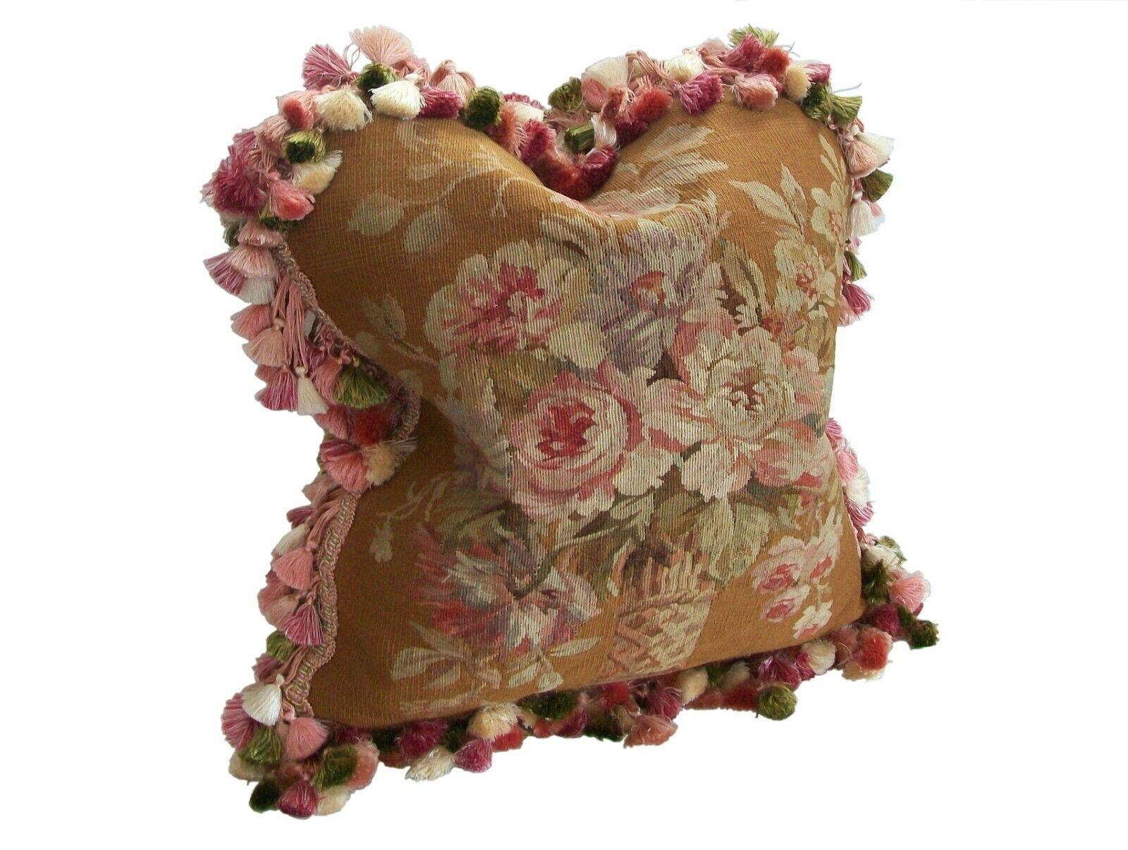 Antique French Aubusson tapestry fragment pillow - tapestry finely woven in wool and silk threads - custom made with designer/dressmaker details - hand sewn Lee Jofa silk tassel trim - Scalamandré silk fabric back - small welt piping - zipper