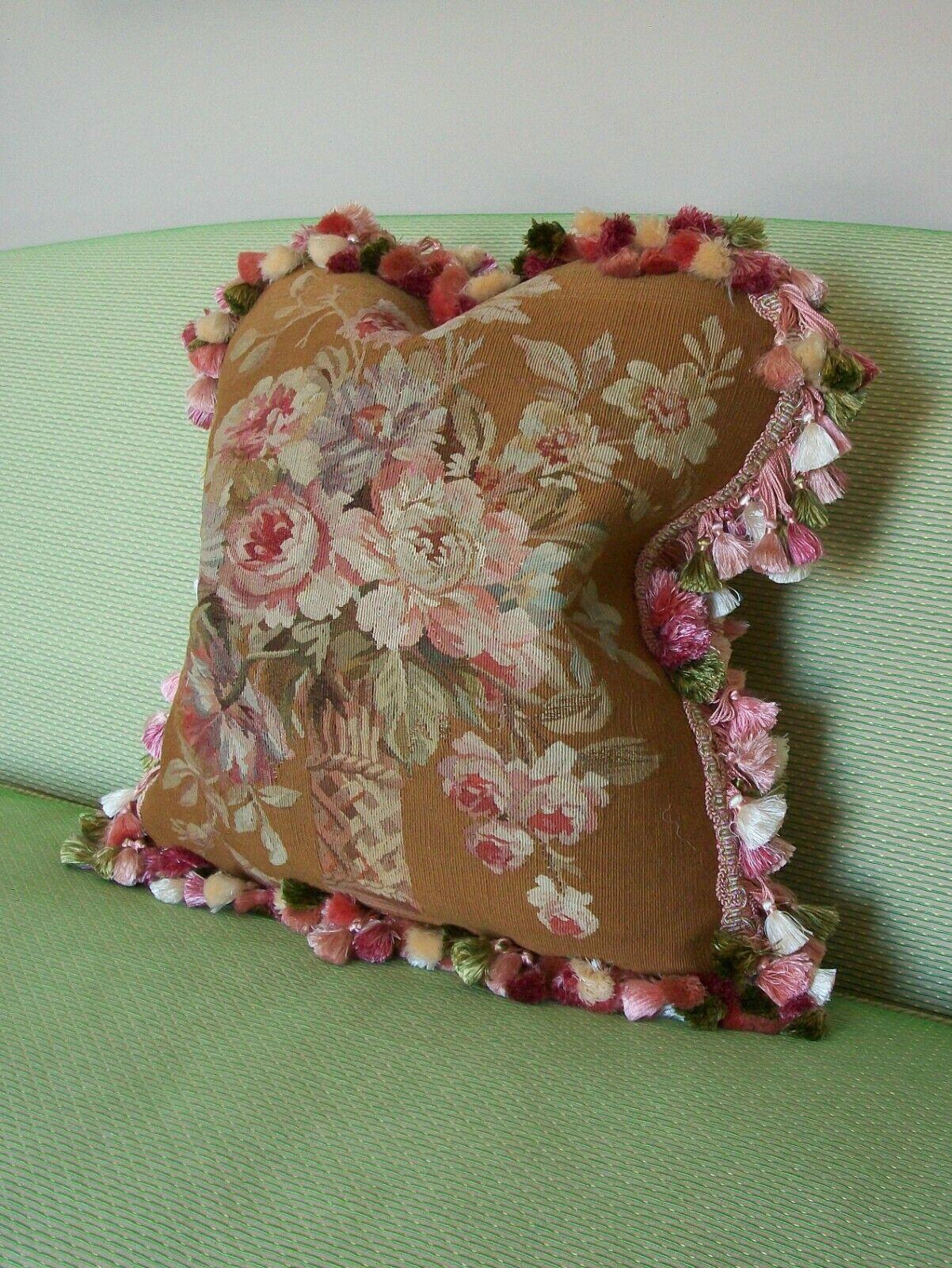Hand-Crafted Antique Aubusson Tapestry Pillow, Scalamandré Silk Back & Lee Jofa Silk Trim
