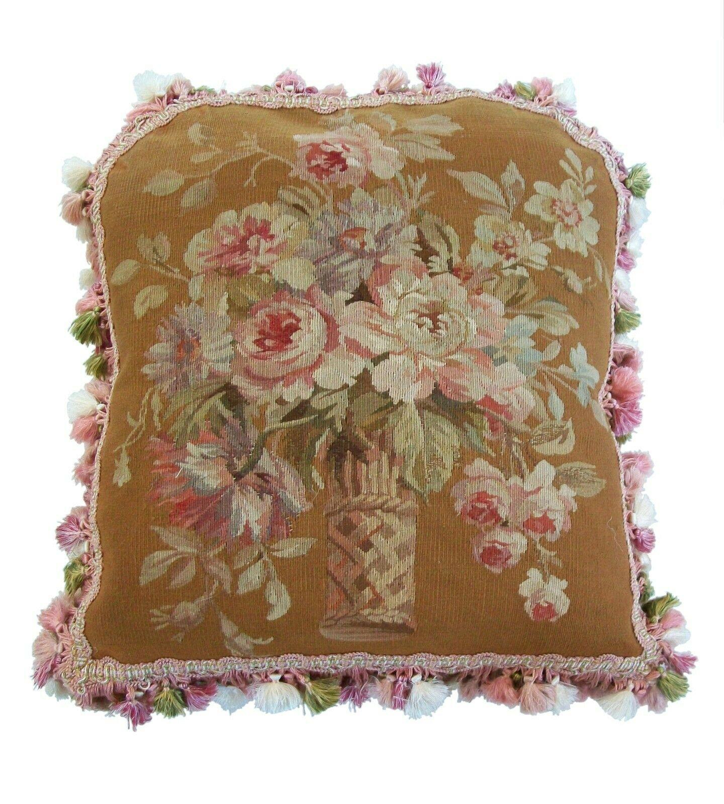 19th Century Antique Aubusson Tapestry Pillow, Scalamandré Silk Back & Lee Jofa Silk Trim