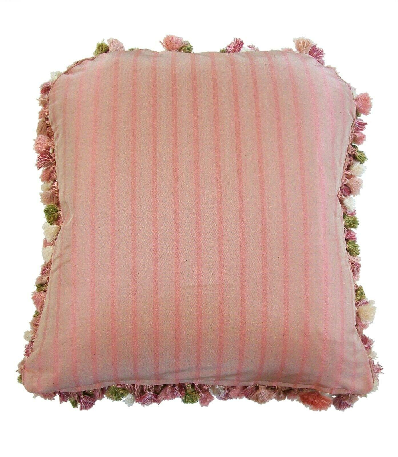 Wool Antique Aubusson Tapestry Pillow, Scalamandré Silk Back & Lee Jofa Silk Trim