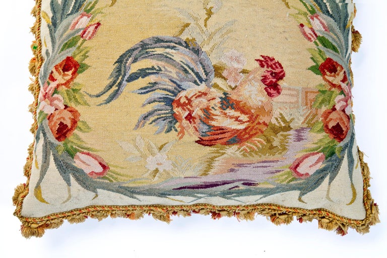 Hand-Crafted Antique Aubusson Tapestry Pillow with Tassels & Fringe For Sale