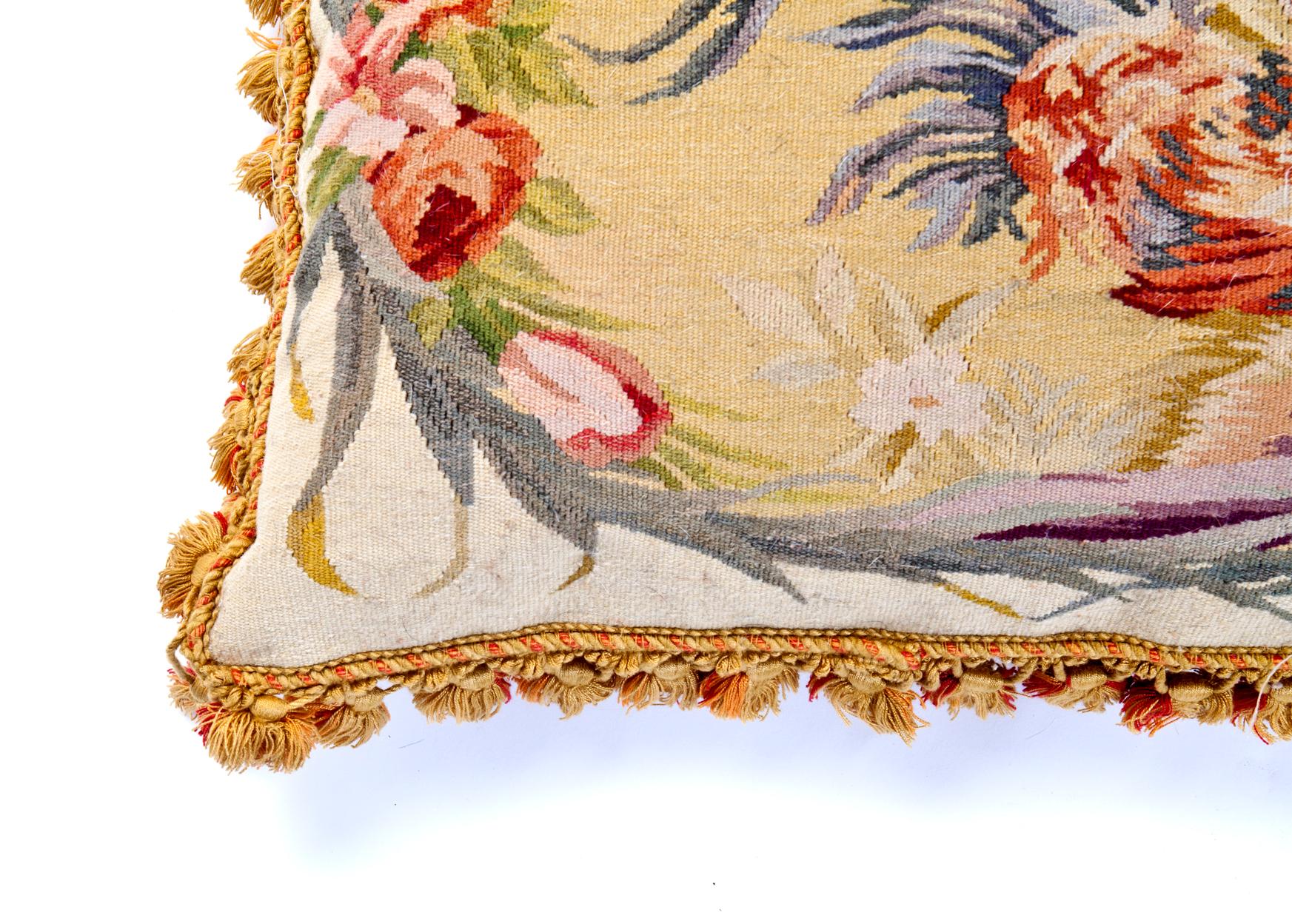 Antique Aubusson Tapestry Pillow with Tassels & Fringe In Good Condition In Malibu, CA