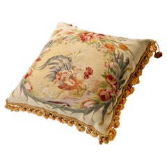 Antique Aubusson Tapestry Pillow with Tassels & Fringe