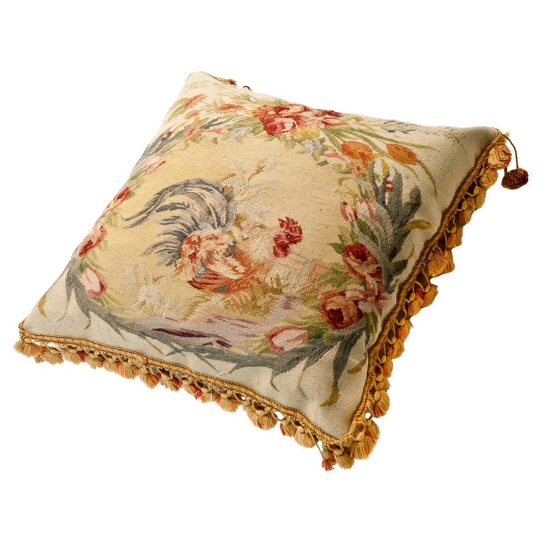 Antique Aubusson Tapestry Pillow with Tassels & Fringe For Sale